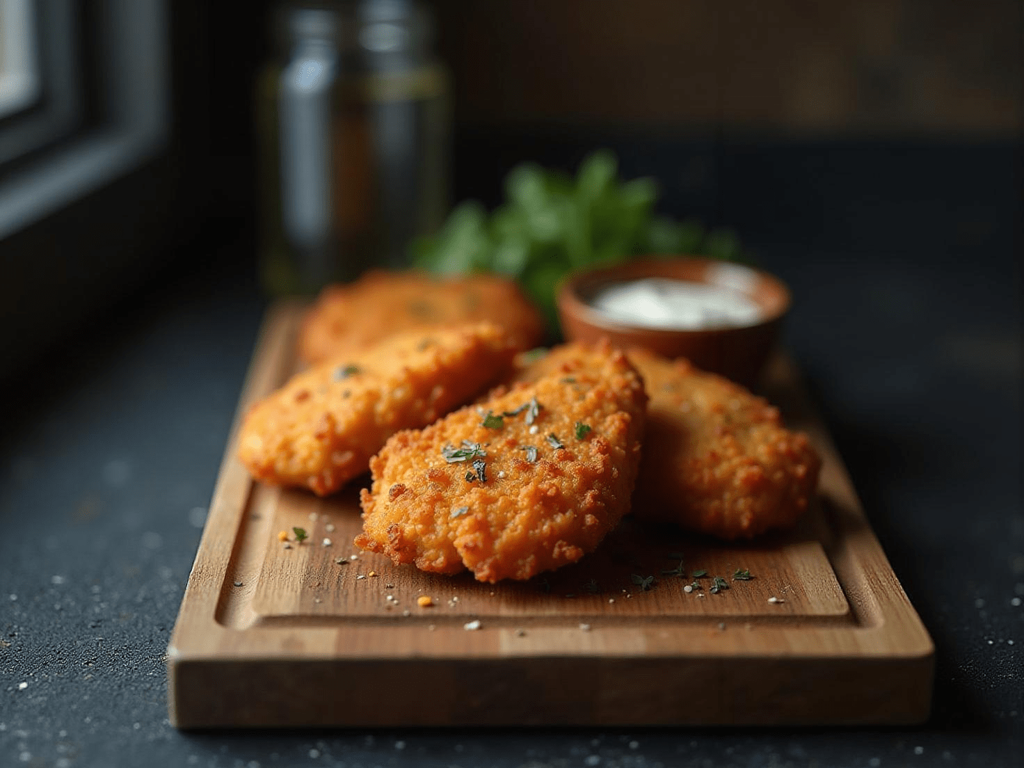 fried chicken cutlets garnished with herbs set on wooden tray served with sauce