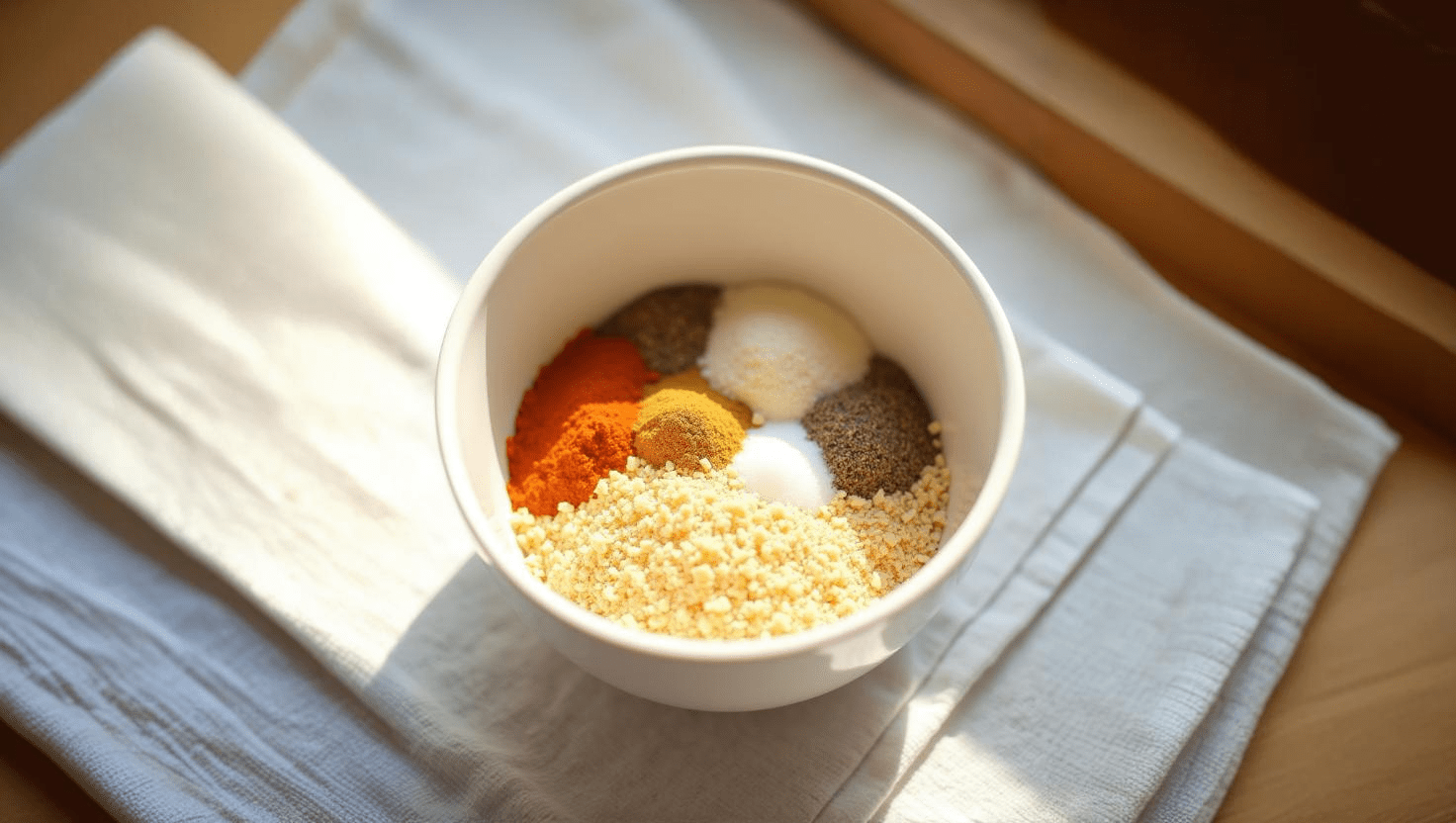 a top view of a bowl with bread crumbs and spices placed on a wooden tray