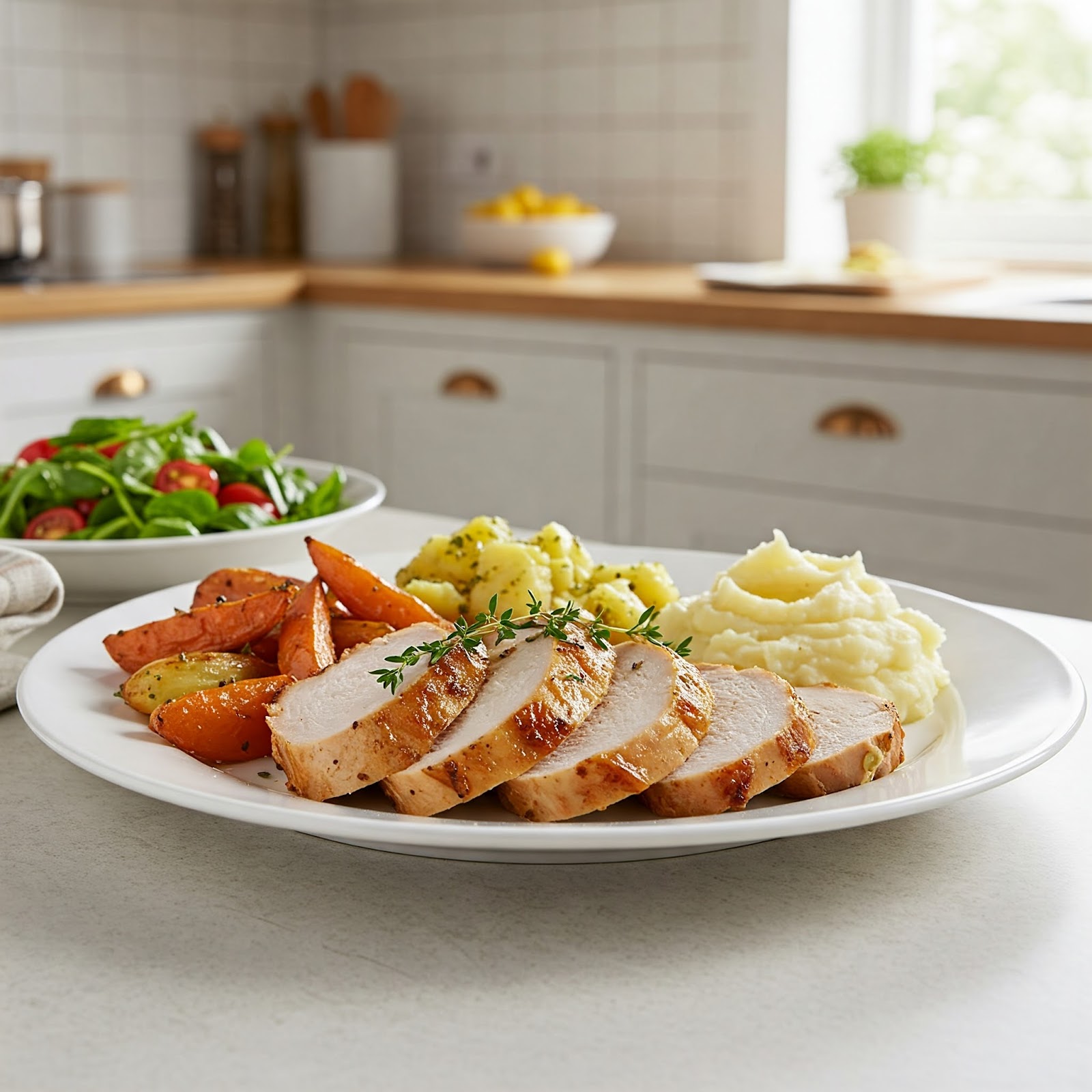 Oven-baked cutlets sliced into strips, served on a white ceramic plate with baked vegetables and mashed potatoes on the side.
