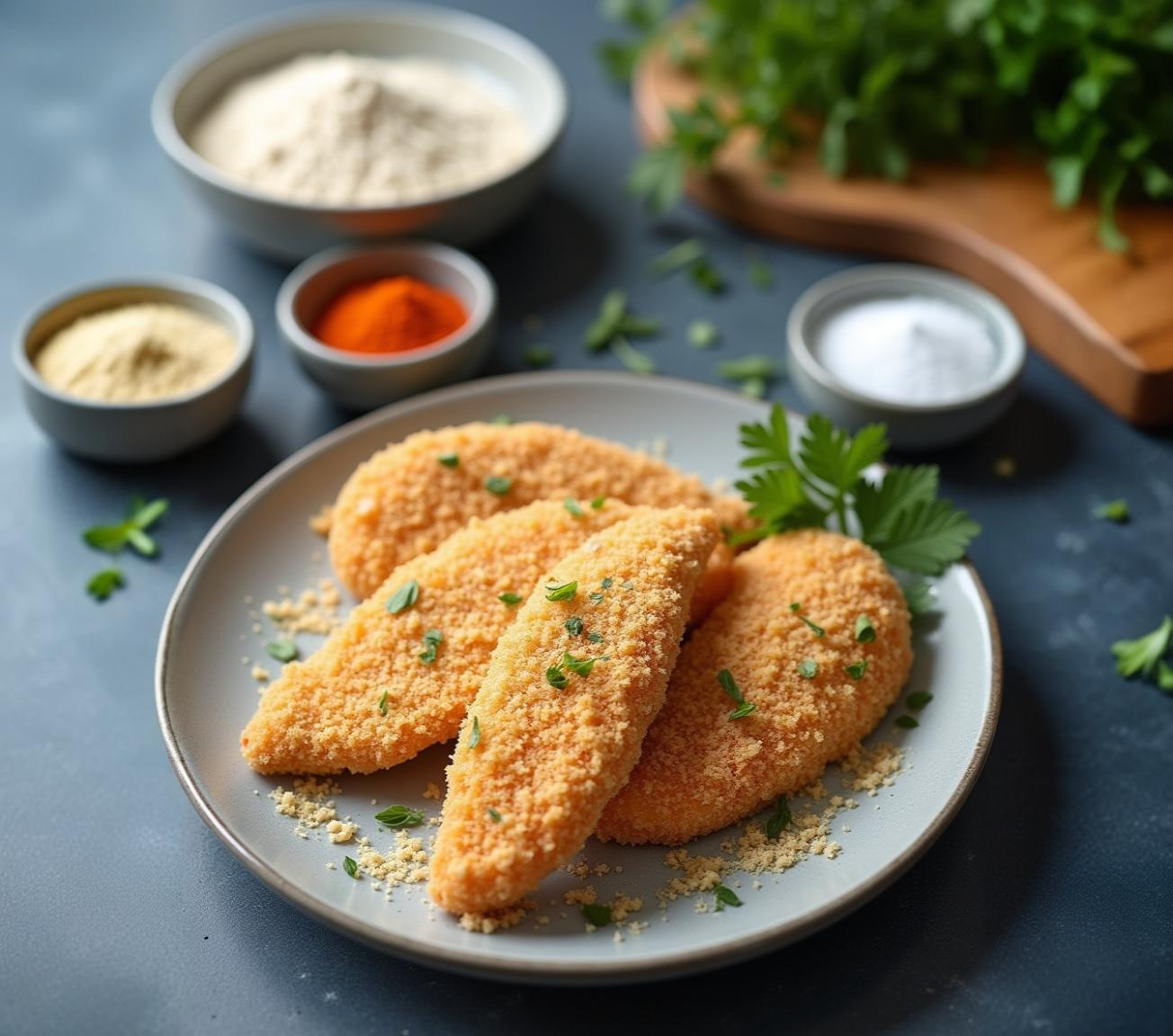 chicken cutlets fully coated with bread crumbs