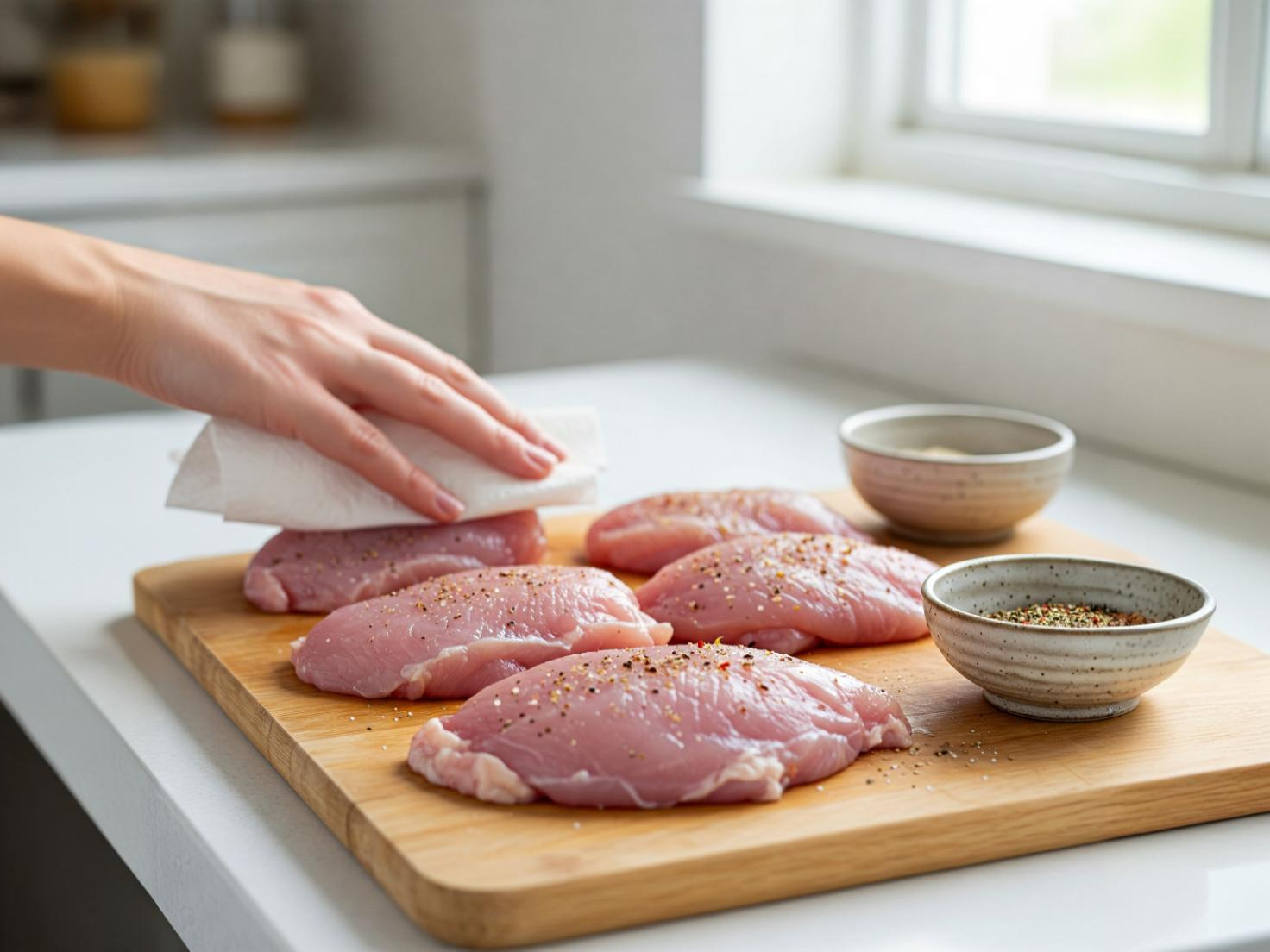 raw turkey cutlets seasoned with salt, pepper, and herbs for quick meal