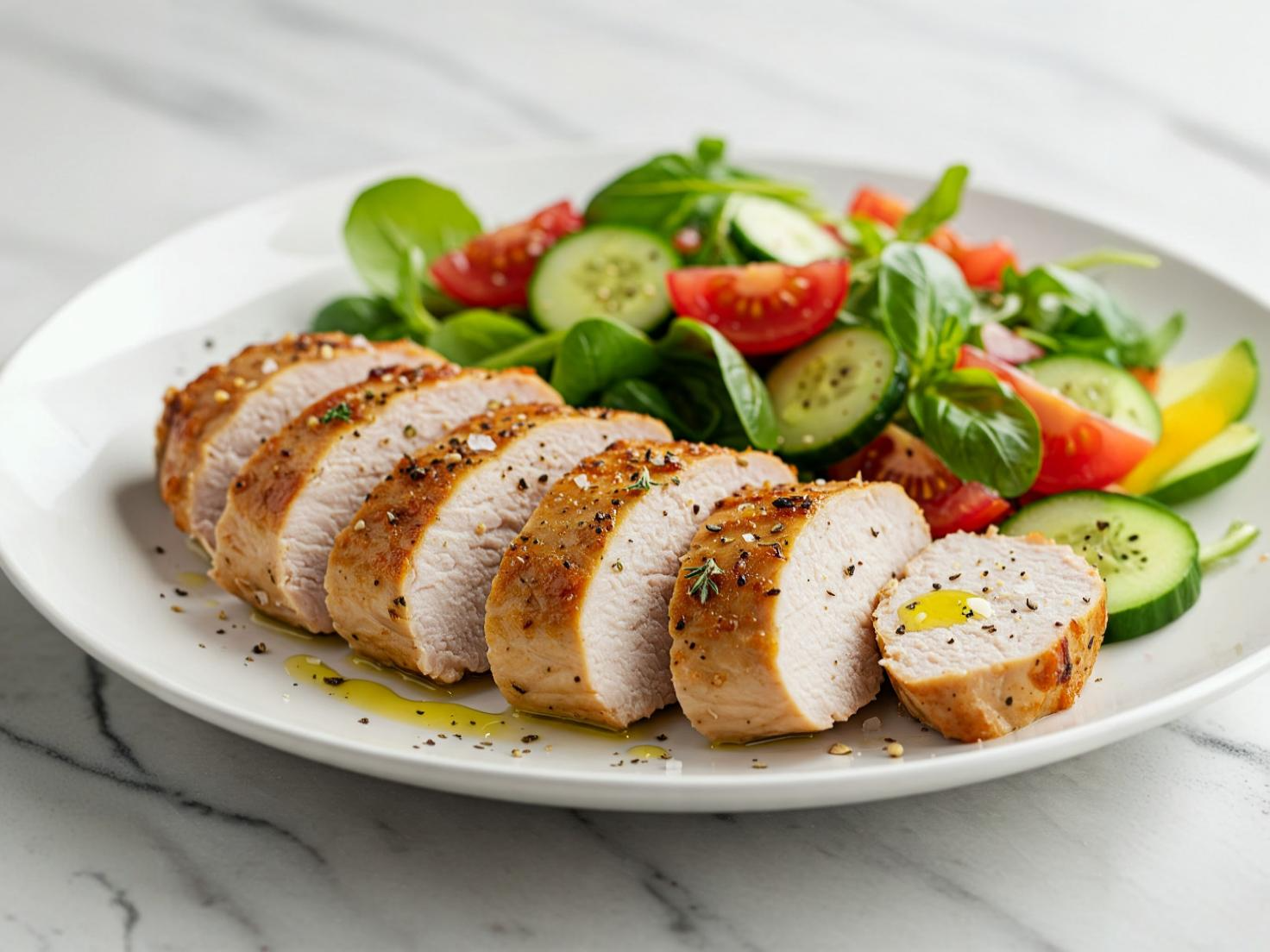 turkey cutlets served in white ceramic plate with seasoned salad