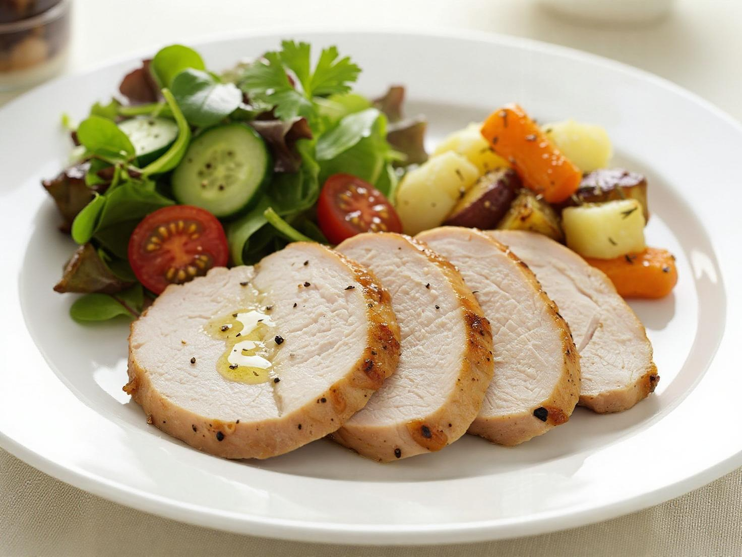 in a white ceramic plate there is a roast turkey breast served with salad