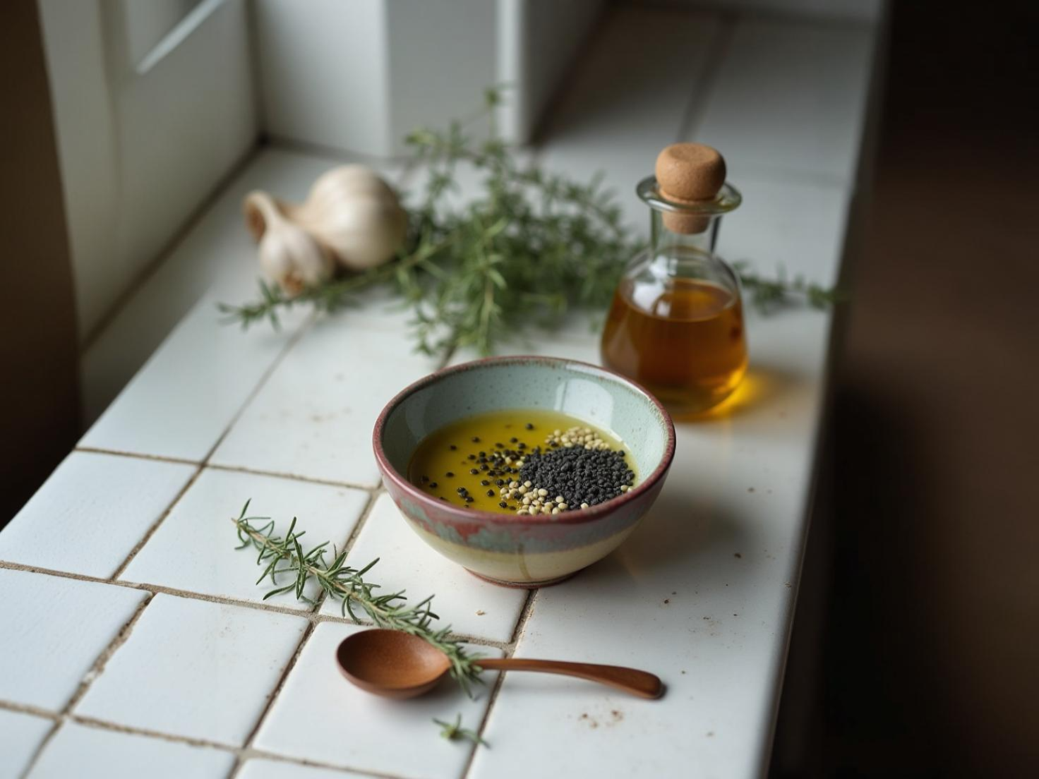 Mixture of olive oil, salt, pepper, thyme, rosemary, and minced garlic in a small bowl placed on a ounter top