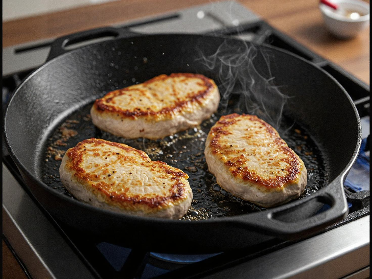 turkey cutlets being pan fried in oil