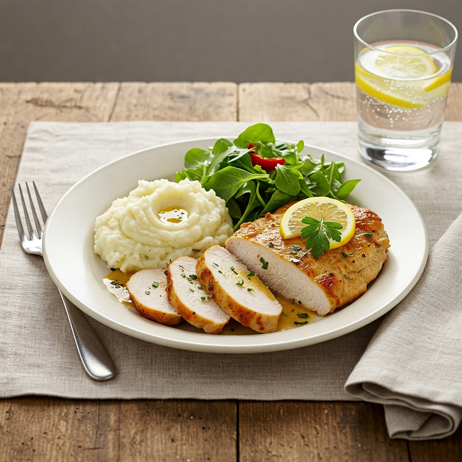 Parmesan turkey cutlets served with salad and mashed potatoes