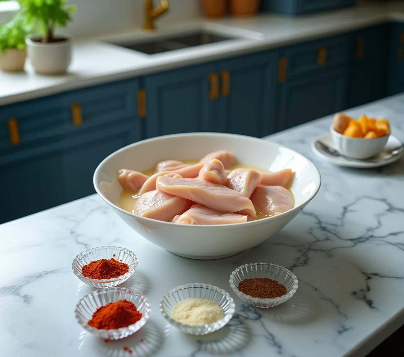 on a counter top Chicken  cutlets marinating in buttermilk with spices nearby