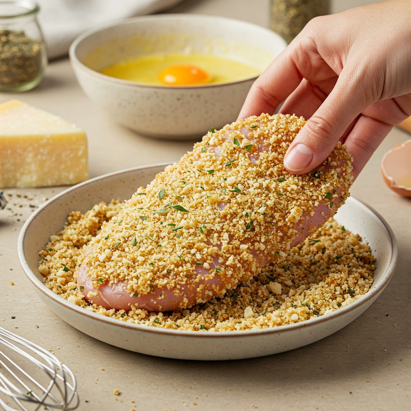 turkey cutlets coated with egg, breadcrumbs and parmesan.