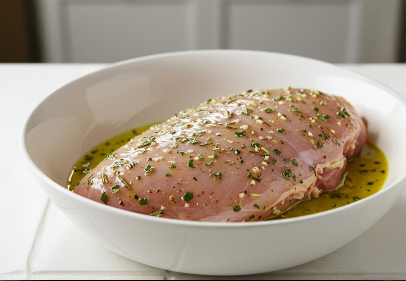 a chicken breast marinated with Mixture of olive oil, salt, pepper, thyme, rosemary, and minced garlic in a bowl.