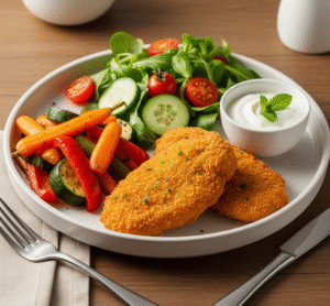 breaded chicken cutlet served with vegetables and salad