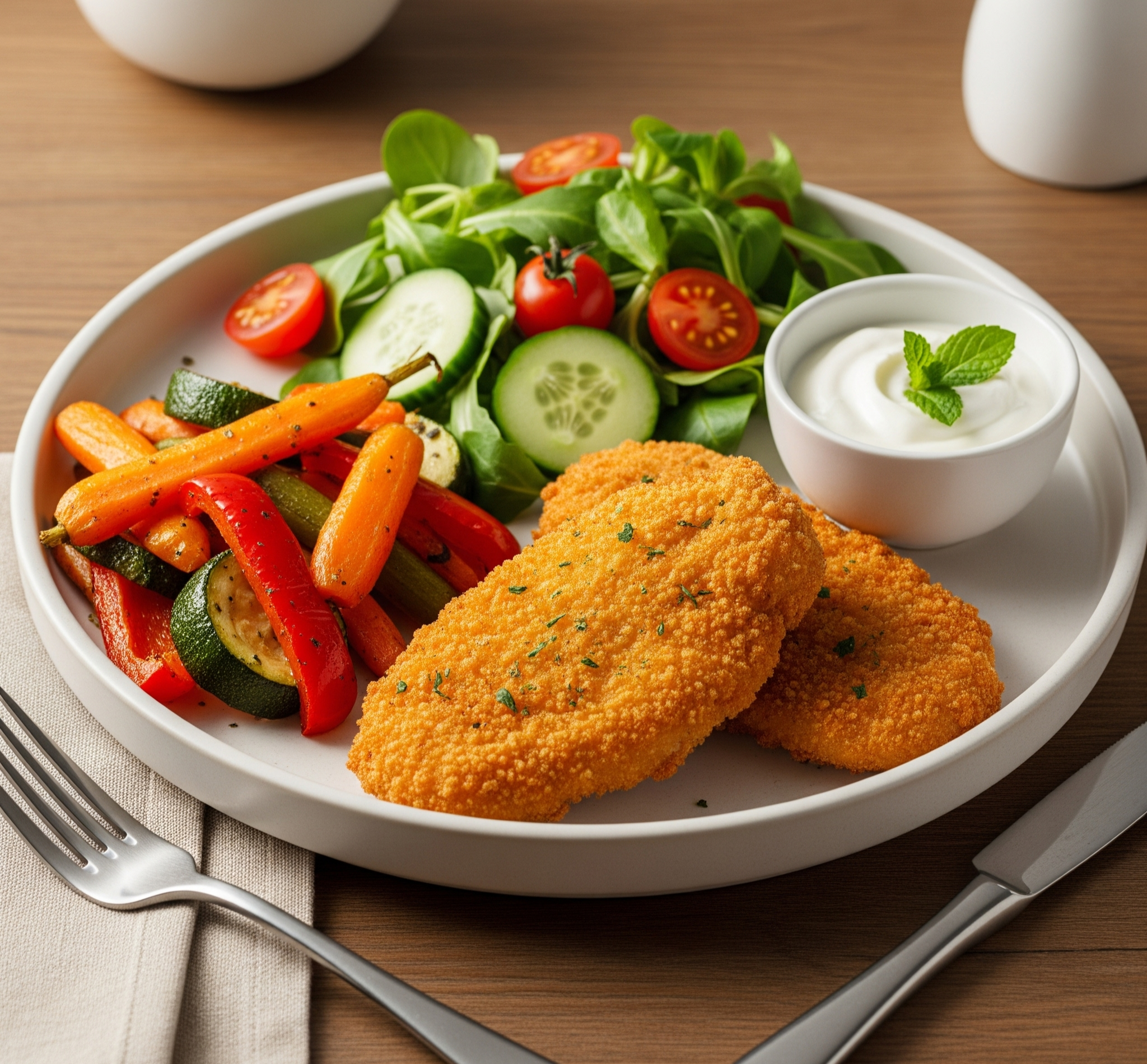 breaded chicken cutlet served with vegetables and salad