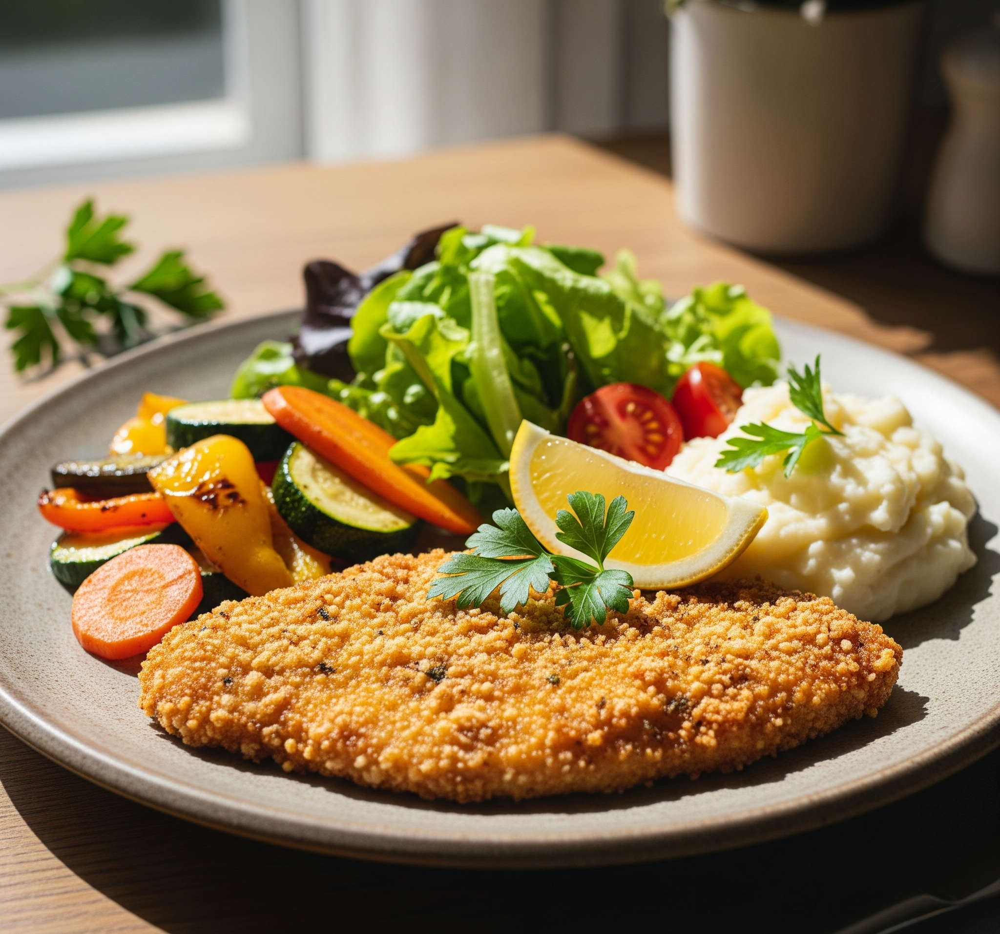 Parmesan Crusted Baked Chicken Cutlet served with mashed potatoes and vegetables