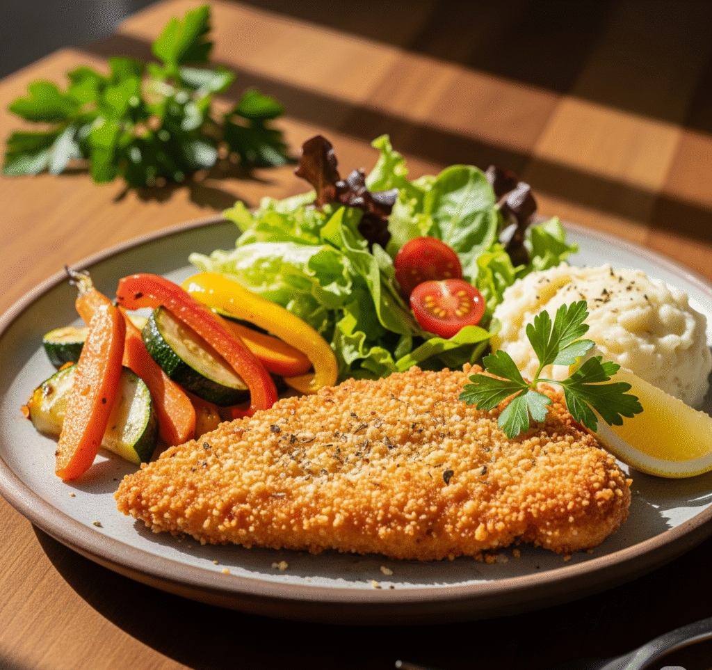 Served Parmesan-crusted chicken cutlets with roasted vegetables, a green salad, and mashed potatoes.