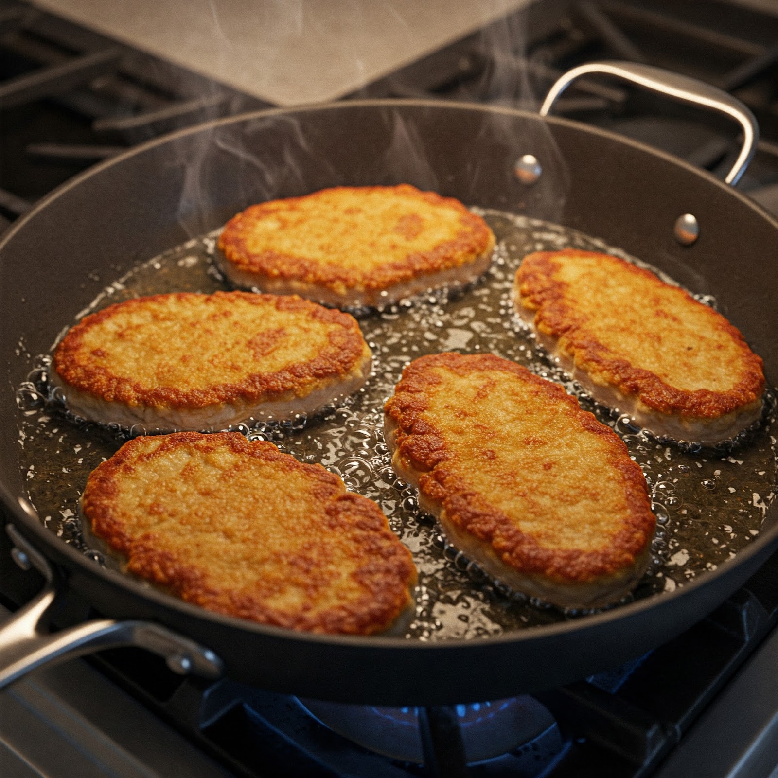 breaded turkey schnitzel being fried in a pan