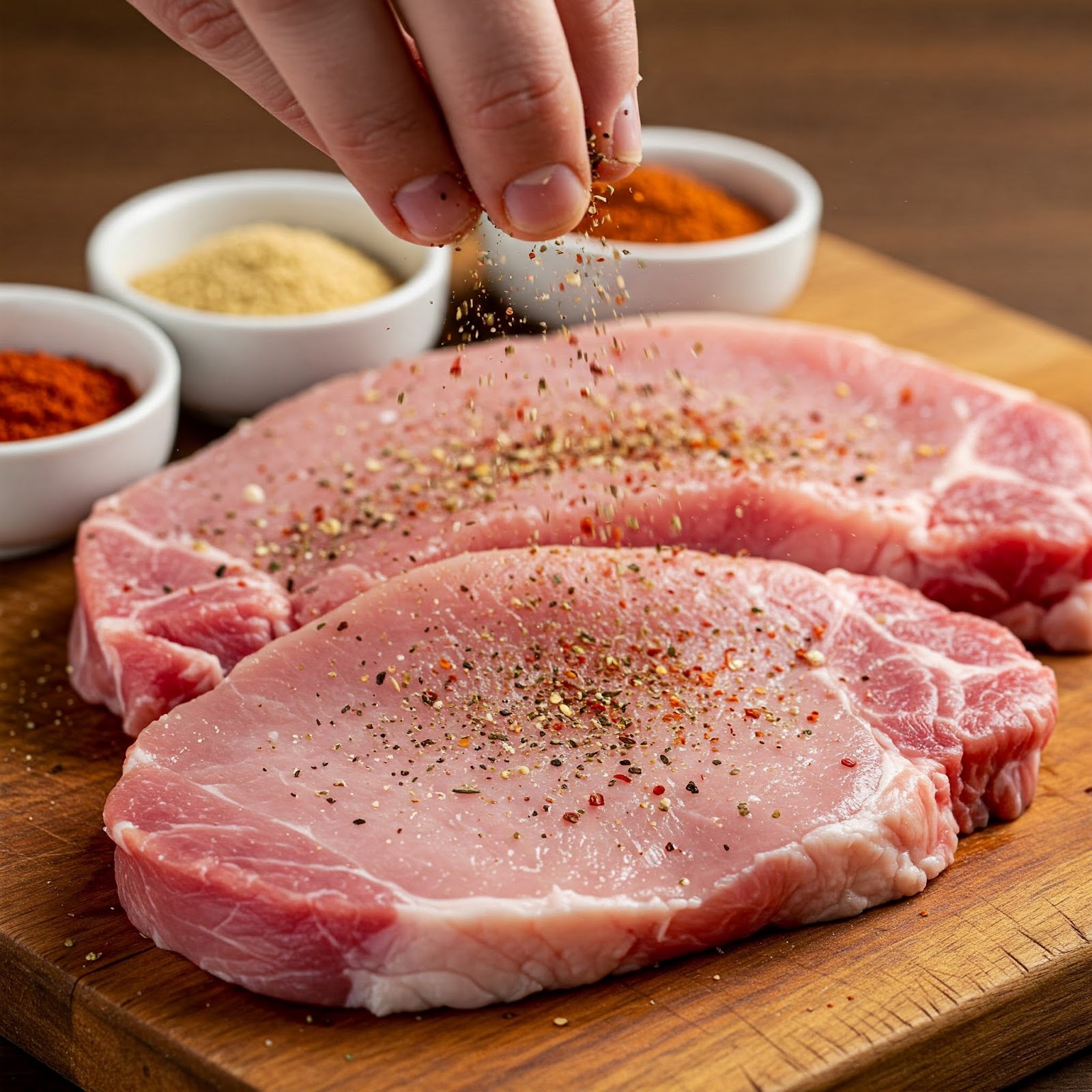raw pork cutlet seasoned with salt, pepper, garlic powder, and paprika