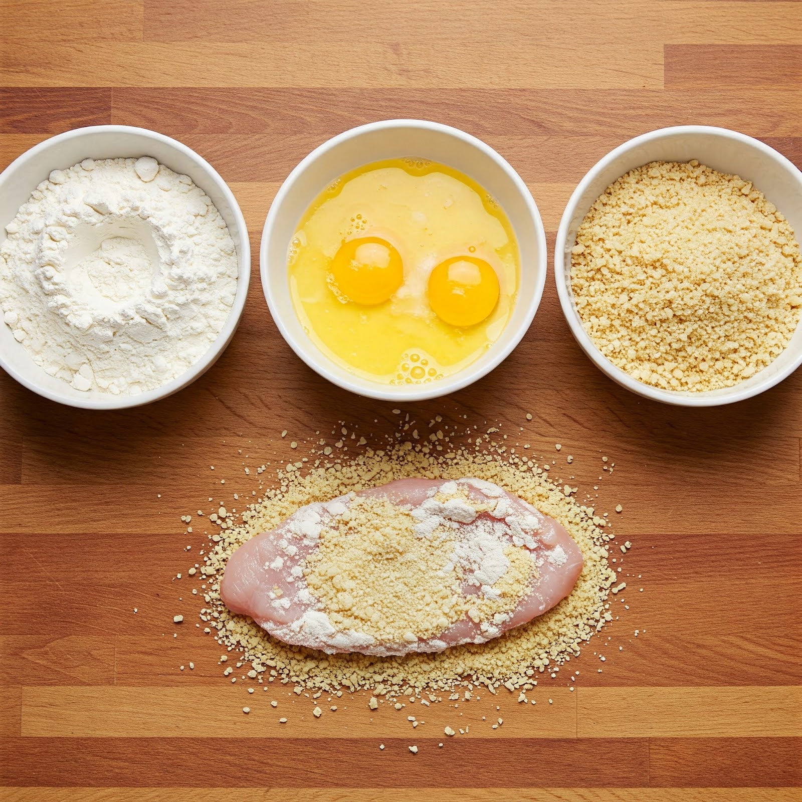 3 bowls on the table one filled with egg another with flour and third with bread crumbs. raw turkey schnitzel on the table breaded with some flour and breadcrumbs