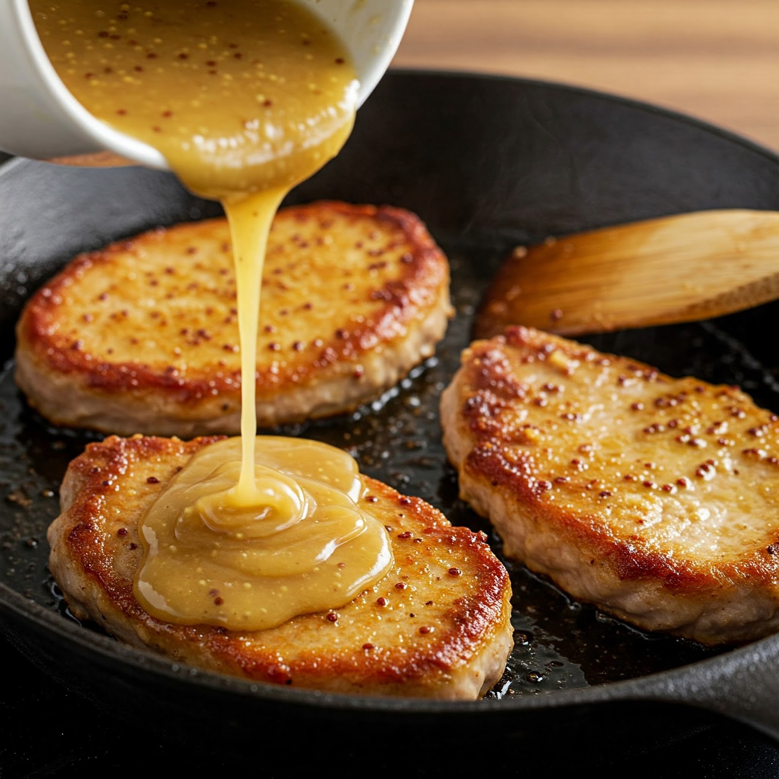 Pouring the honey mustard glaze over the pork cutlets