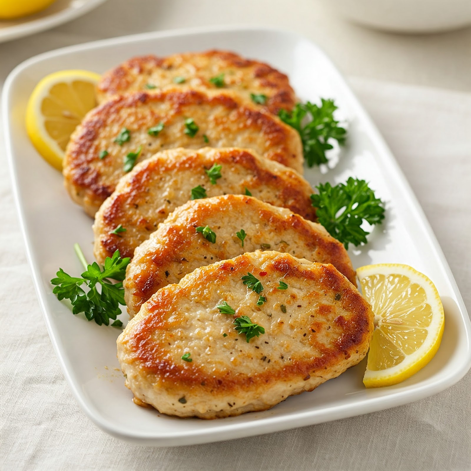 lemon garlic turkey cutlets being served garnished with parsley and lemon wedges