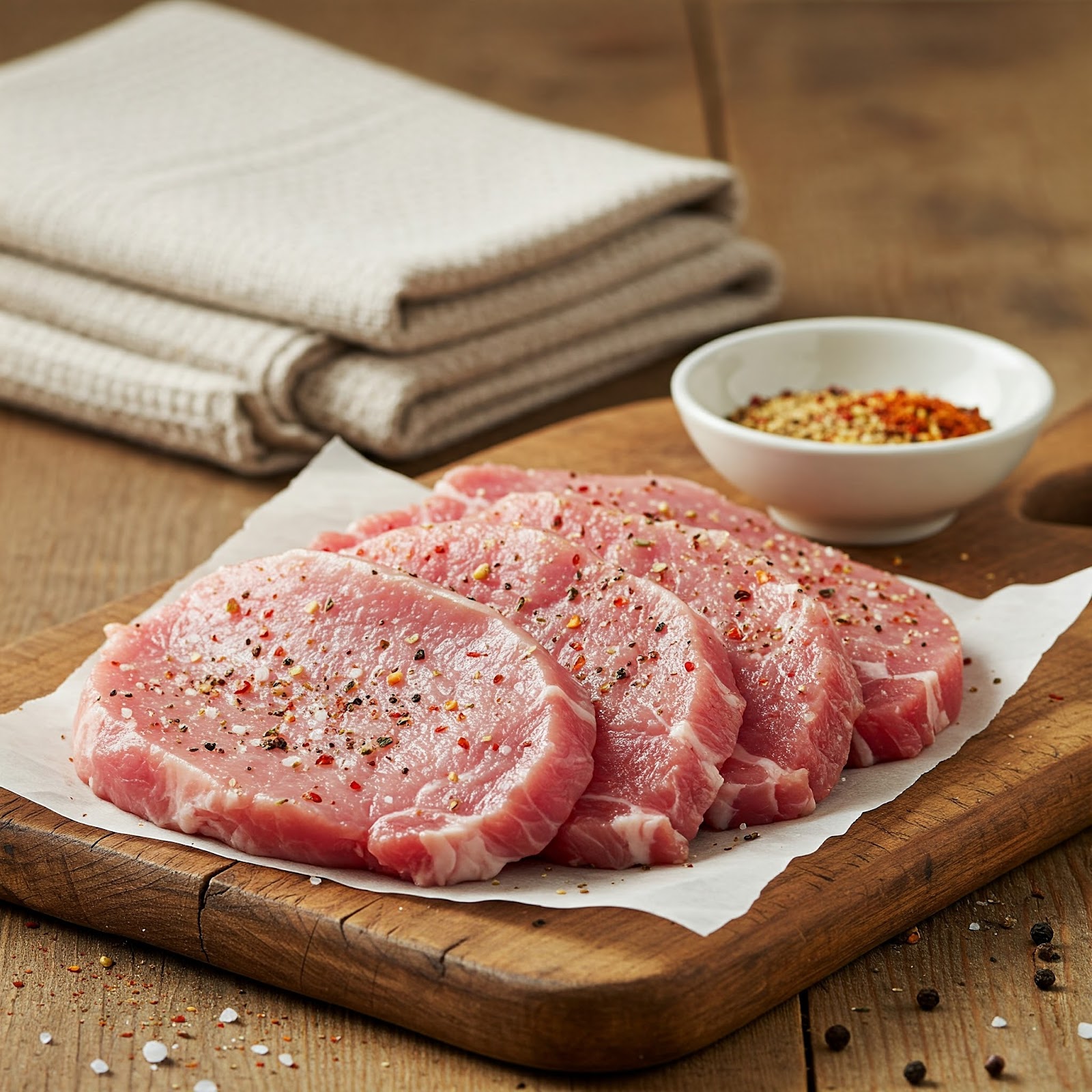 raw porl cutlet seasoned with black pepper, paprika and salt 
