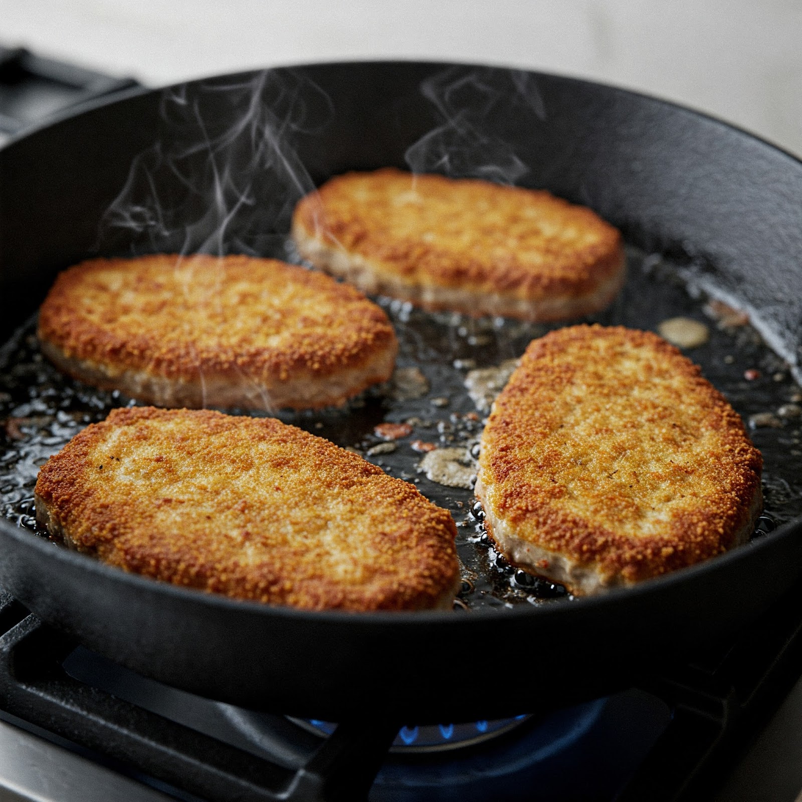 breaded pork cutlets bring fried in a pan