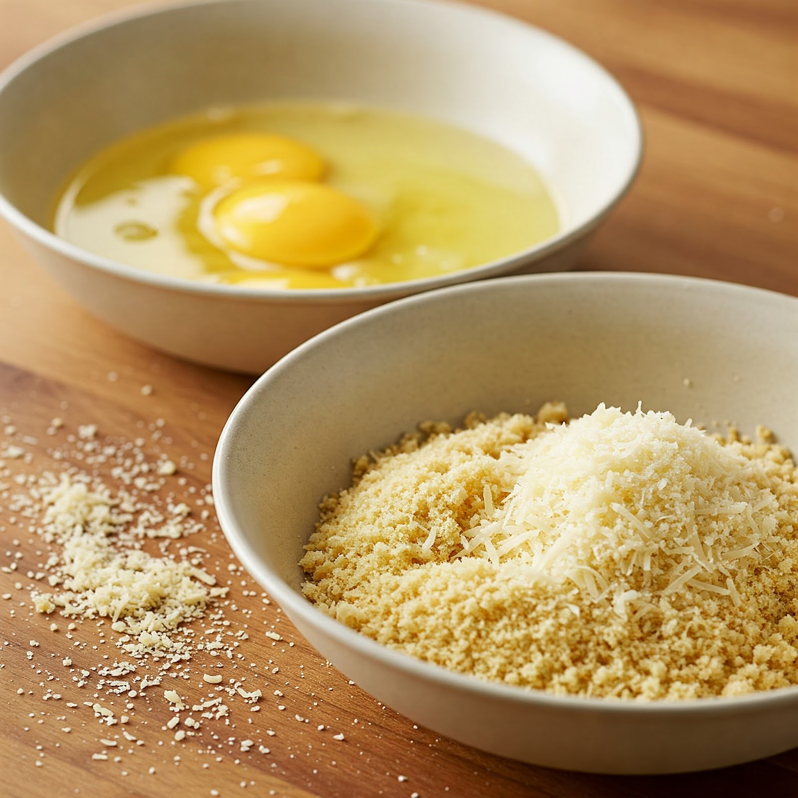 2 bowls for pork cutlet coating one filled with eggs and another with parmesan and breadcrumbs mixture