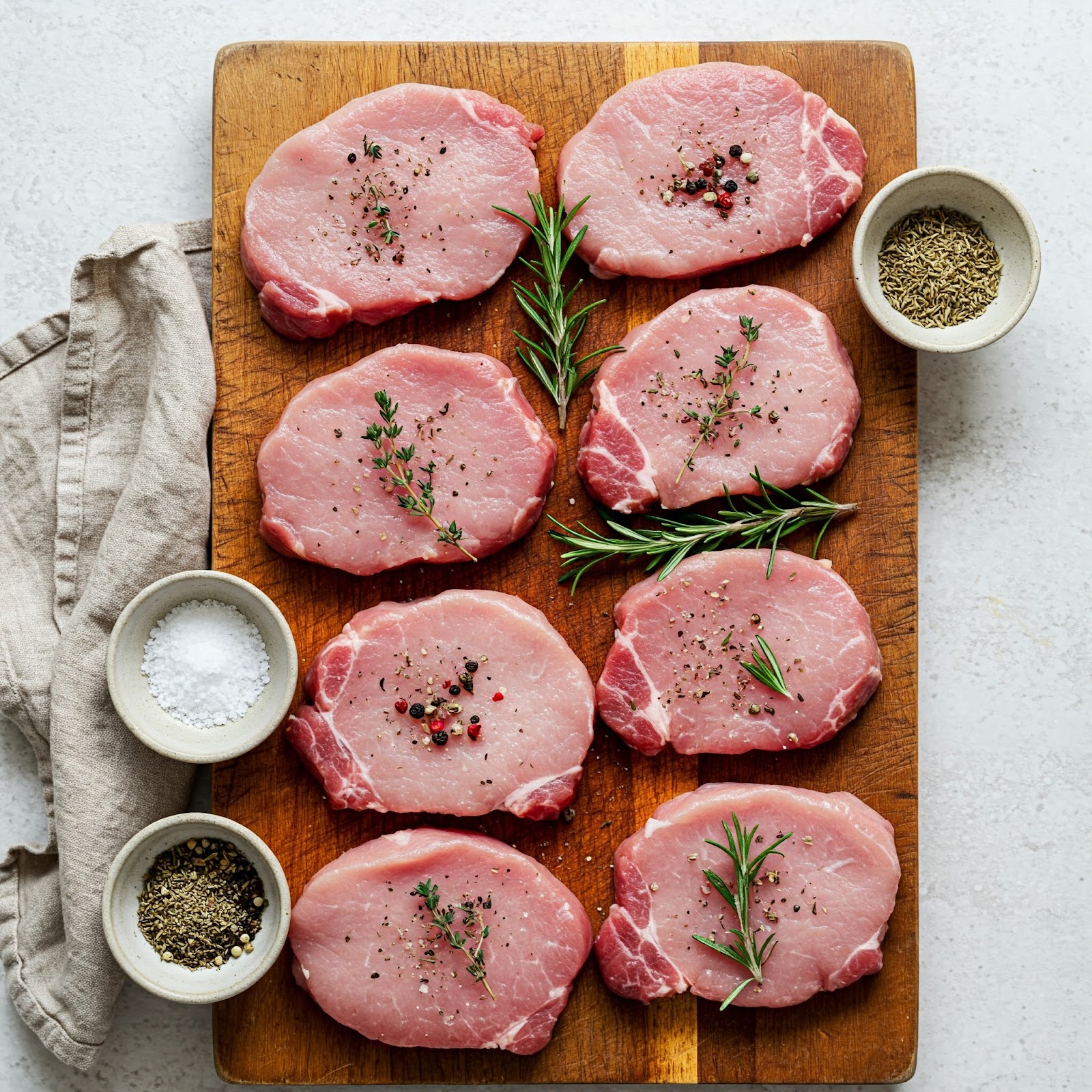 raw pork cutlets seasoned with salt, pepper, dried thyme, and rosemary.