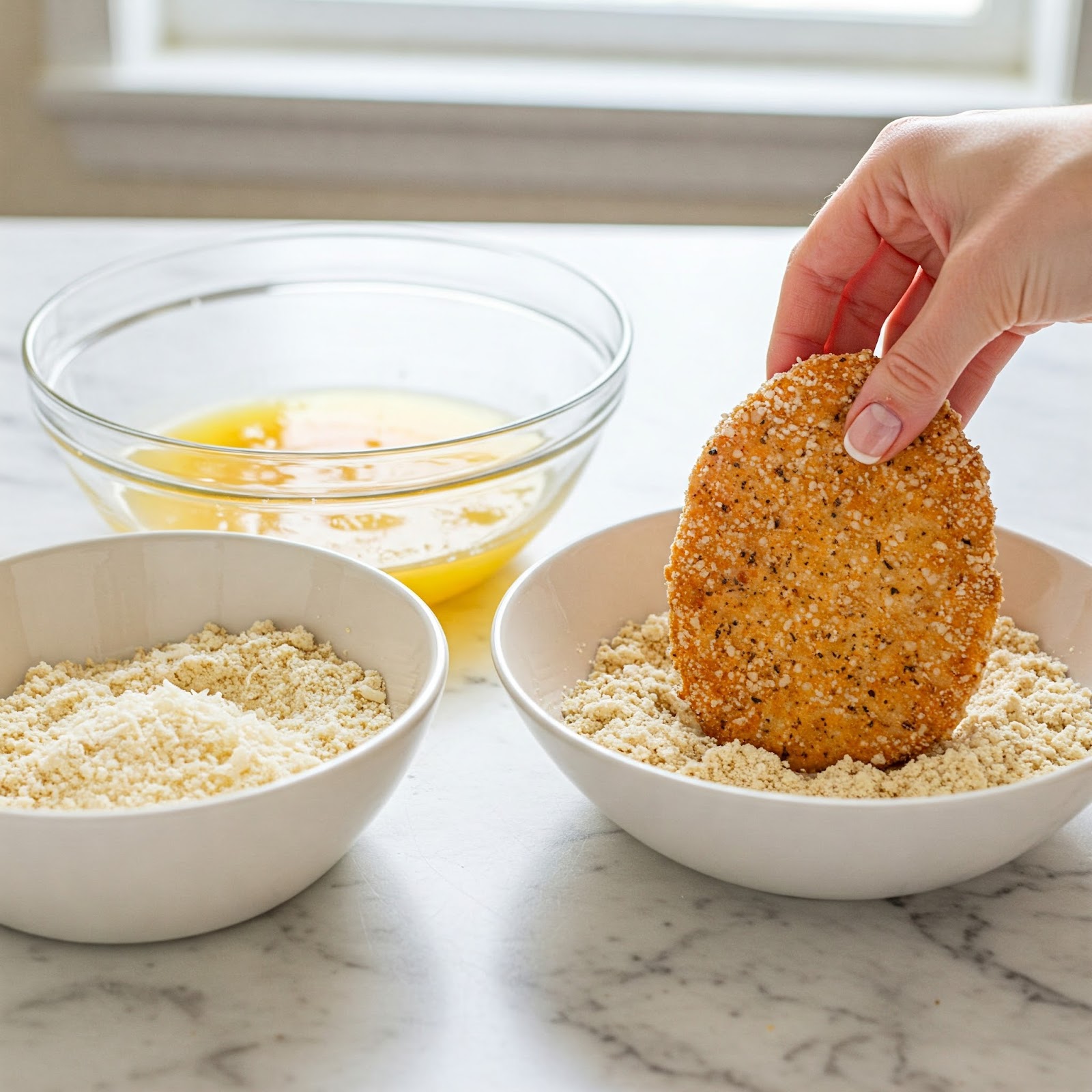 raw turkey cutlets coated with almond flour-Parmesan mixture