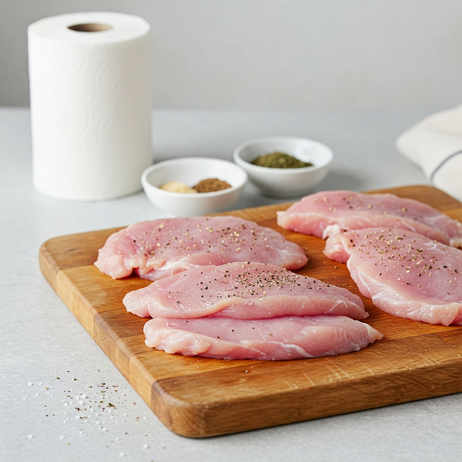 Raw turkey cutlets seasoned with black pepper and salt