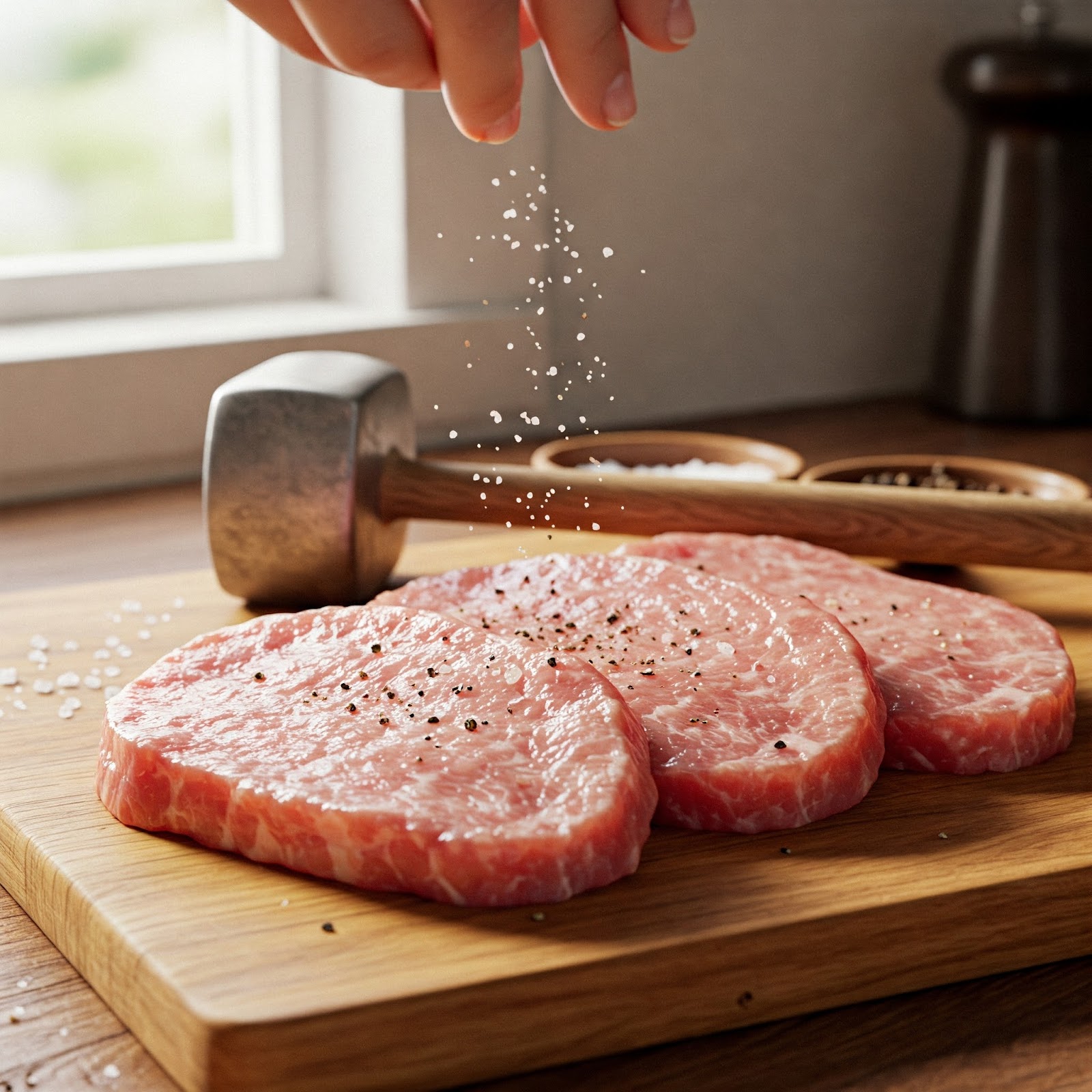 raw pork cutlets being seasoned with salt and pepper