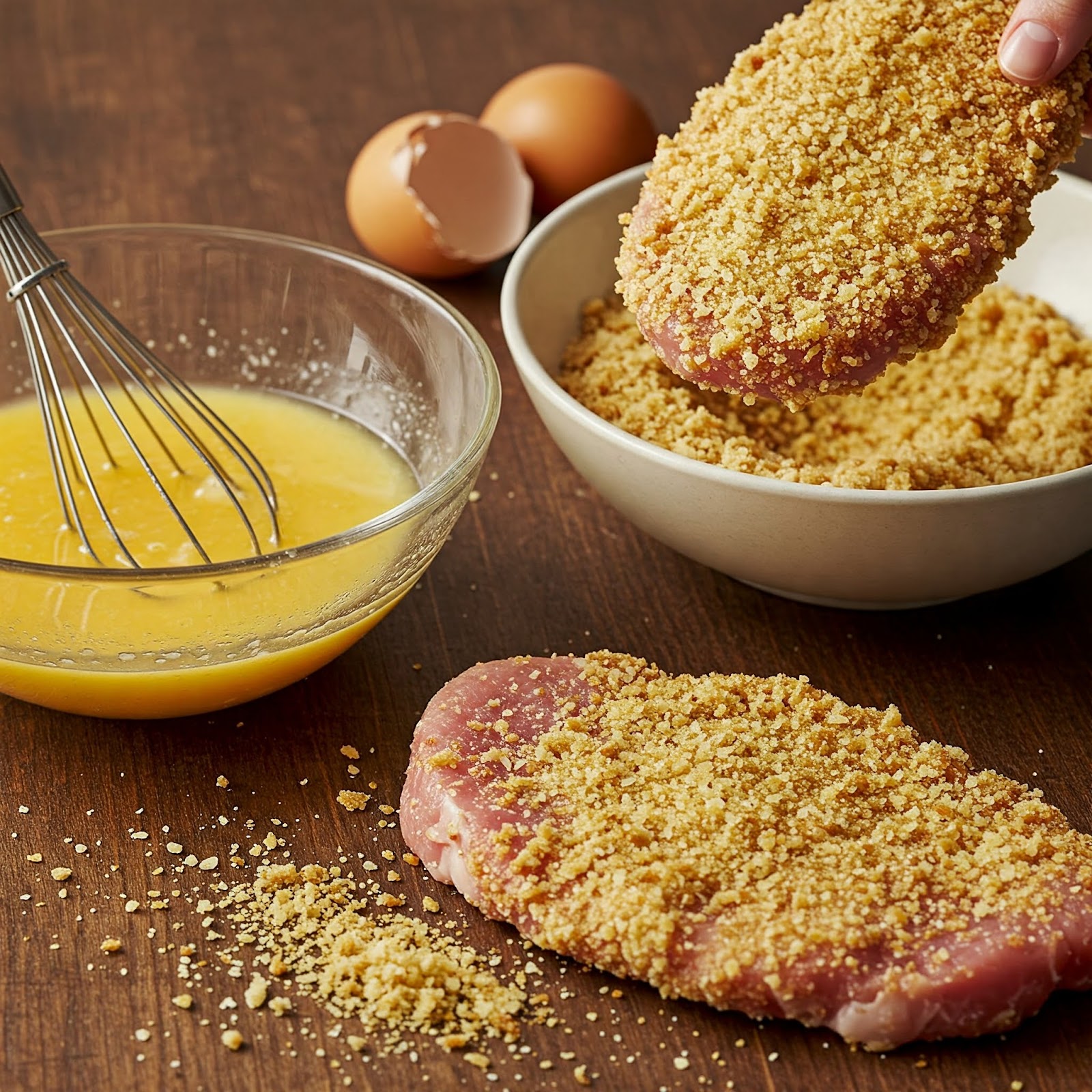 coating pork cutlets with egg and bread crumbs mixture