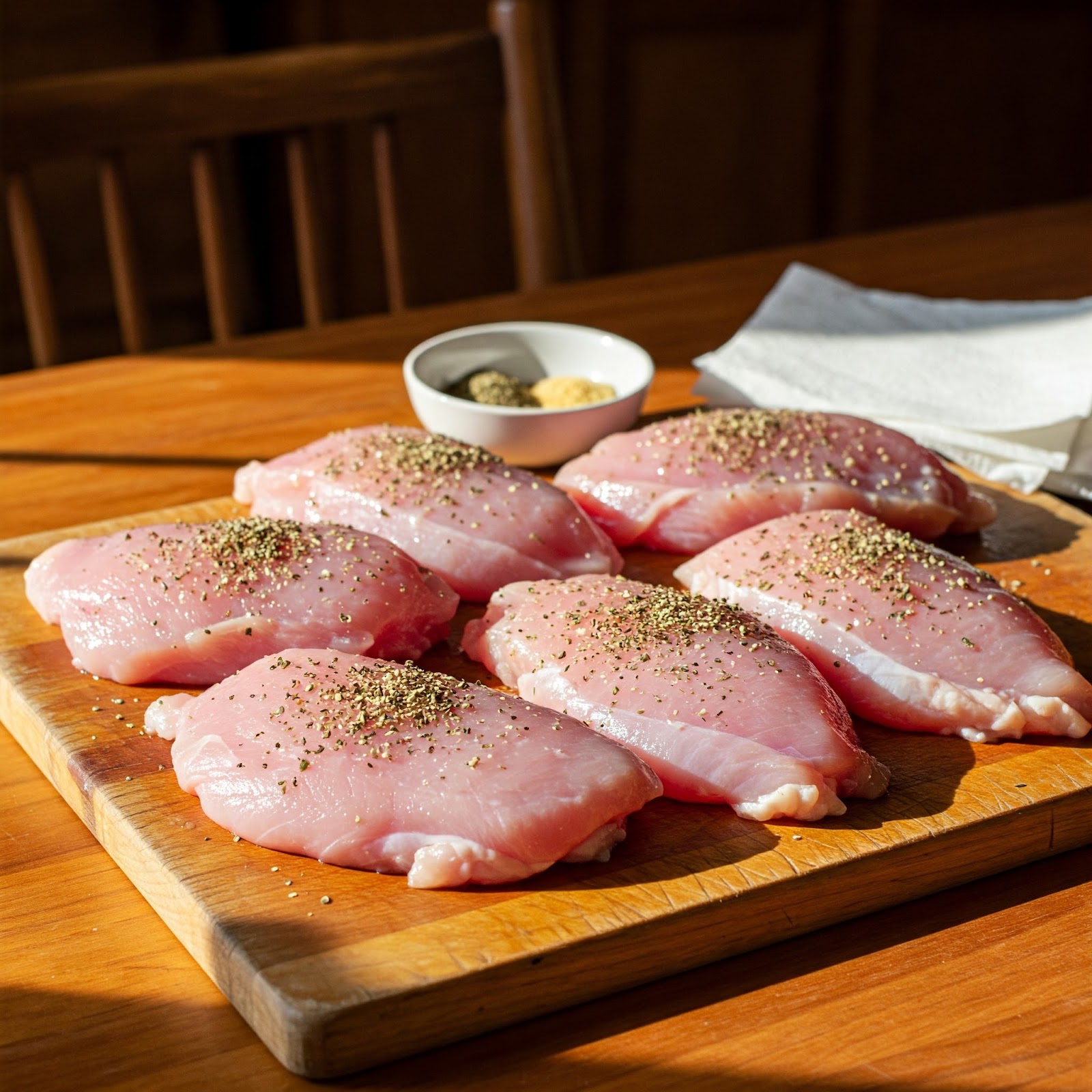 raw turkey cutlets seasoned with pepper and salt