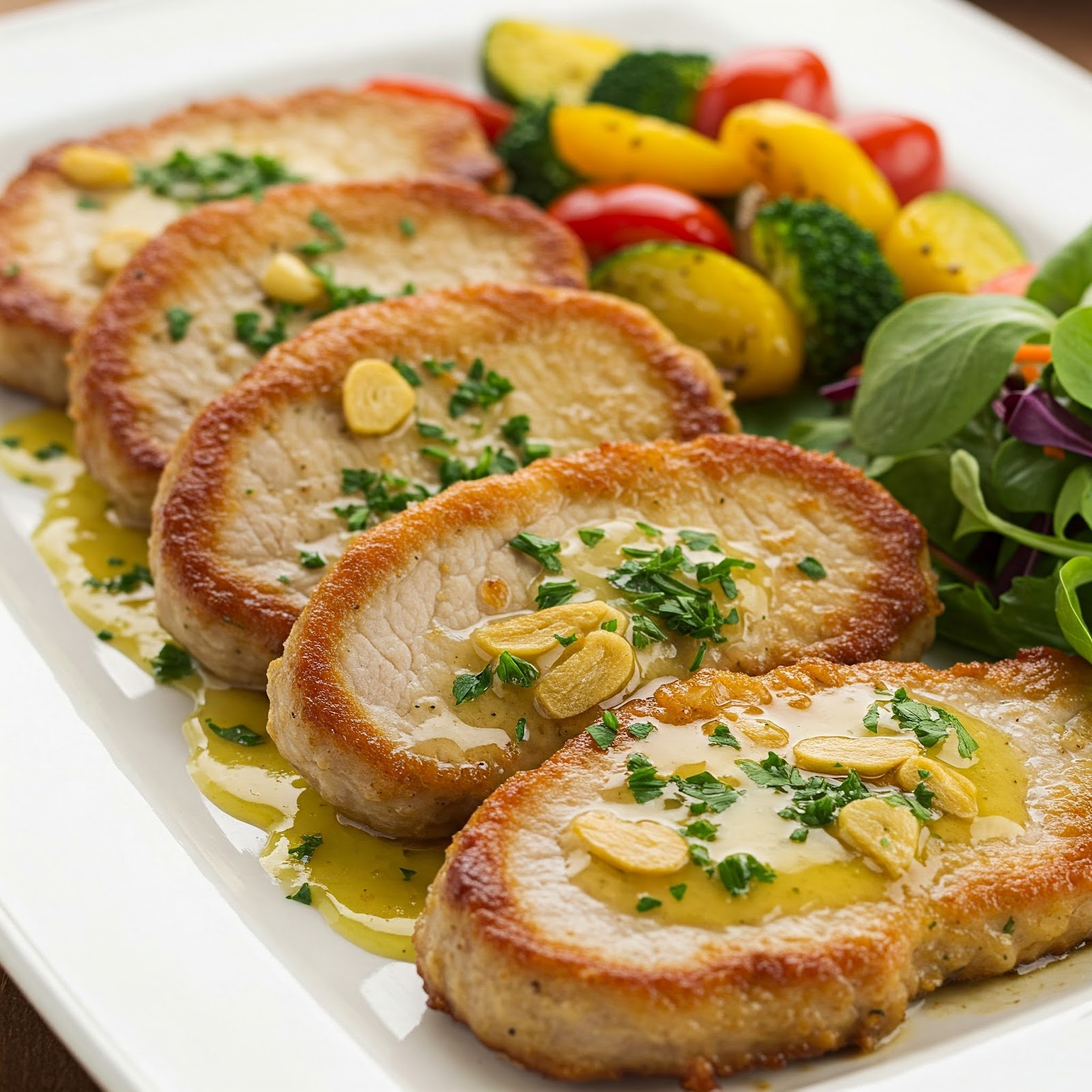 garlic butter pork cutlets being served in a ceramic plate with mixed salad