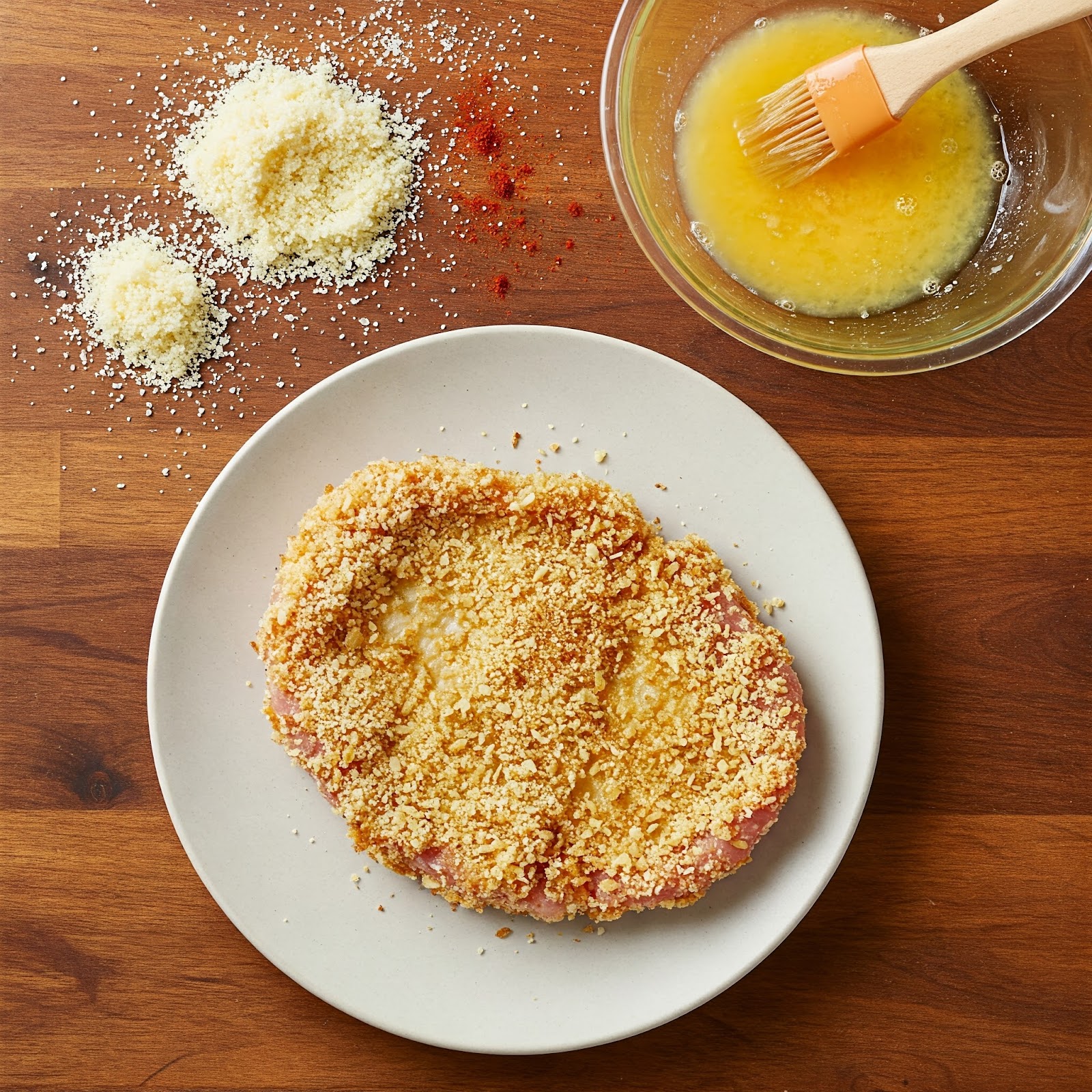 pork cutlet coated with eggs, breadcrumbs and parmesan mixture