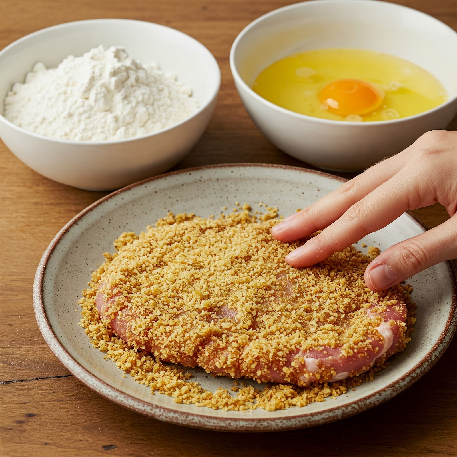 seasoned pork cutlet being coated.