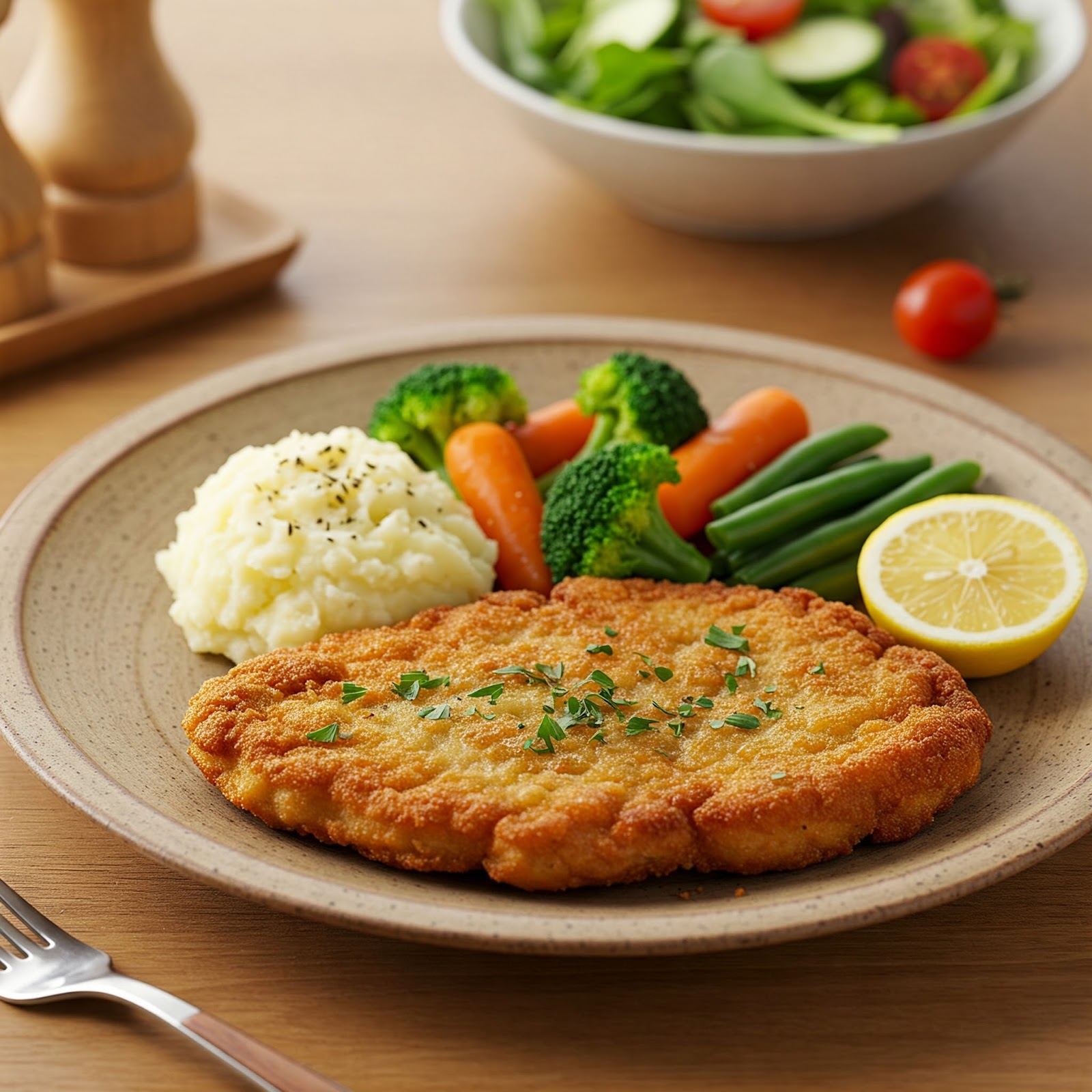 pork cutlet served with vegetables and mashed potatoes and half cut lemon
 