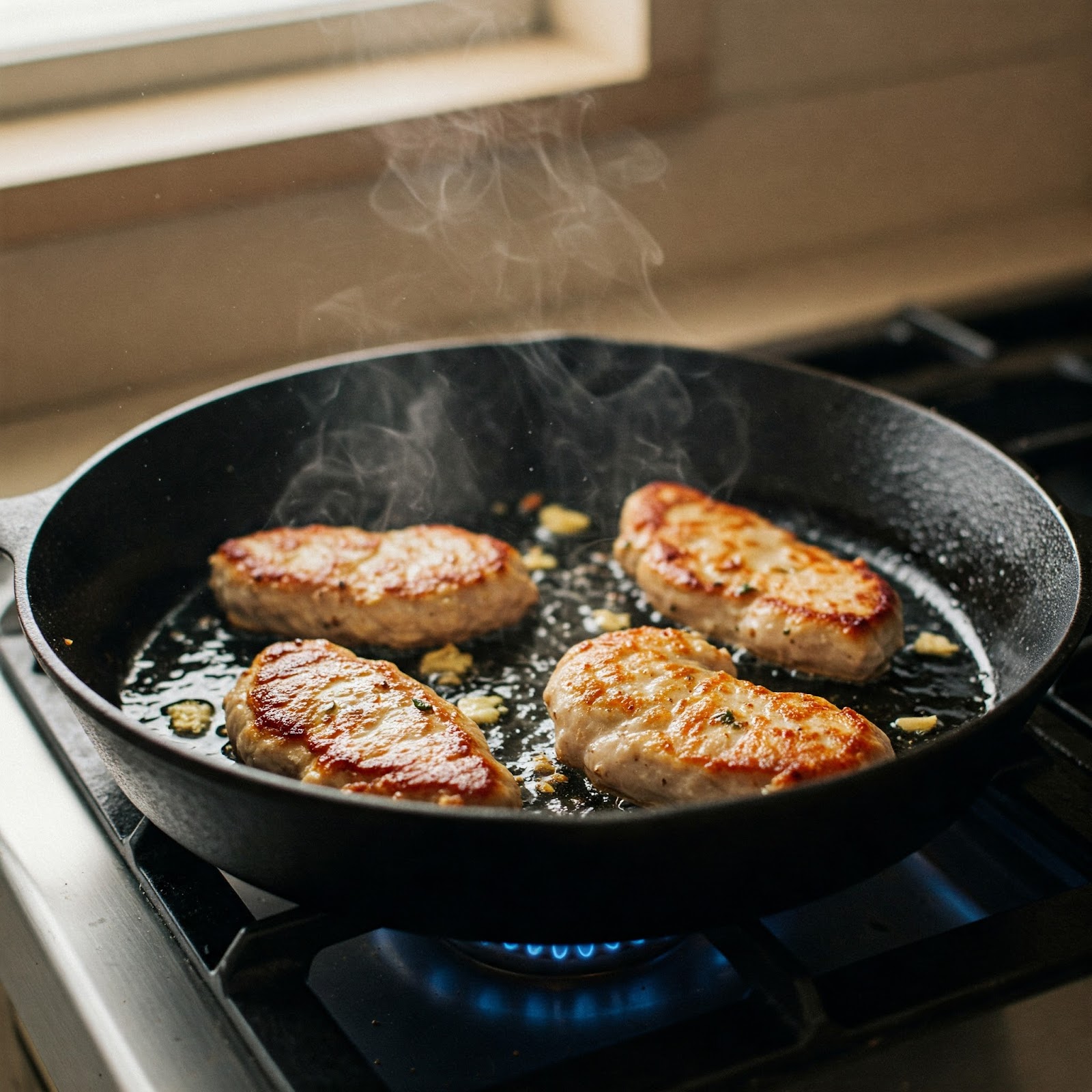 lemon garlic turkey cutlets being fried in a pan