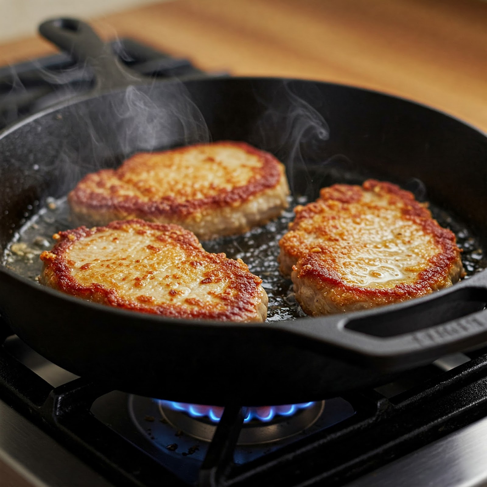 seasoned pork cutlet being fried in a skillet in an olive oil