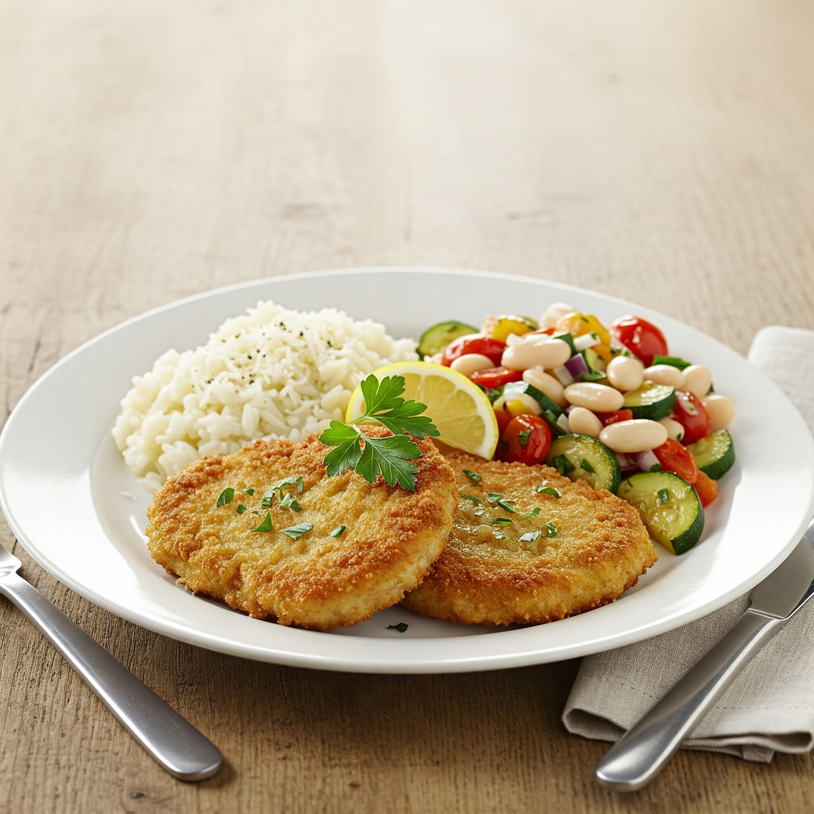 breaded pork cutlet with italian seasoning served with italian salad and boiled rice, garnished with lemon and parsley