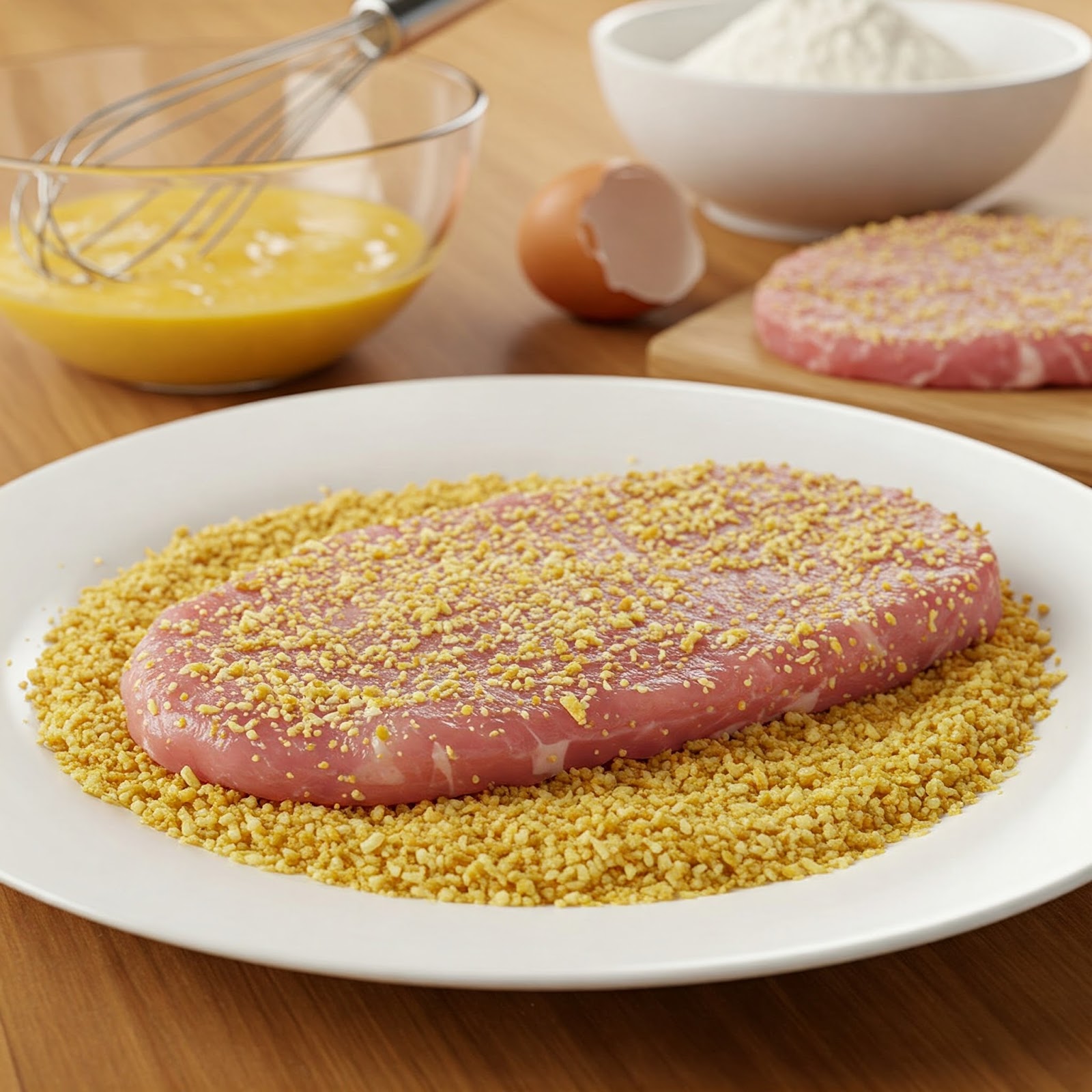 breaded raw cutlets resting in bread crumbs plate