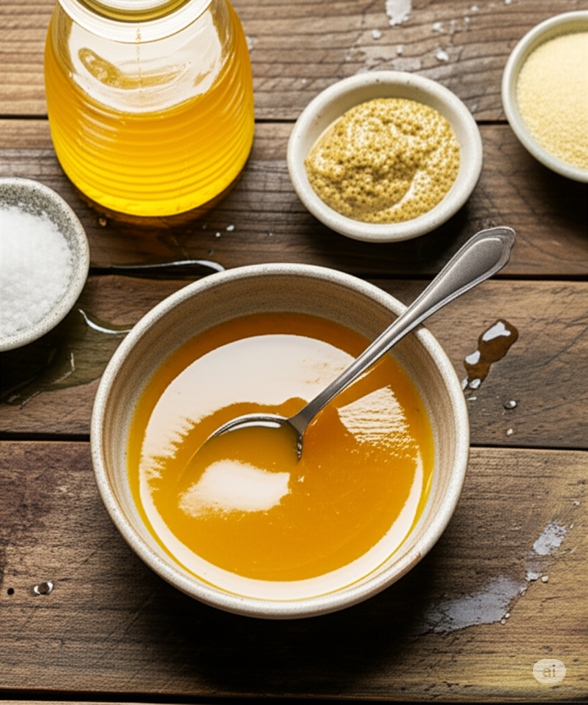 glaze prepared with mixing honey, Dijon mustard, olive oil, and a pinch of salt