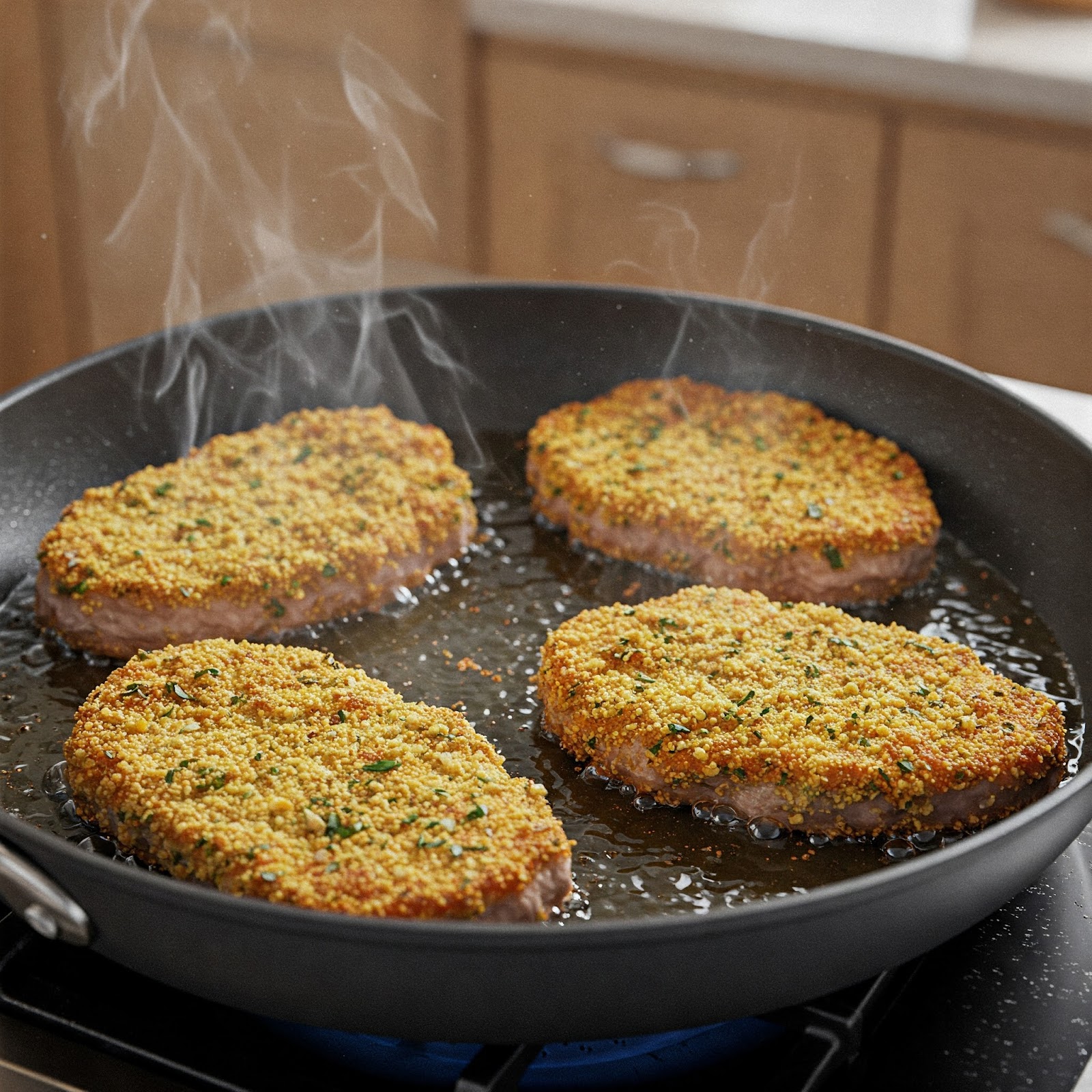 breaded pork cutlets being fried in a pan