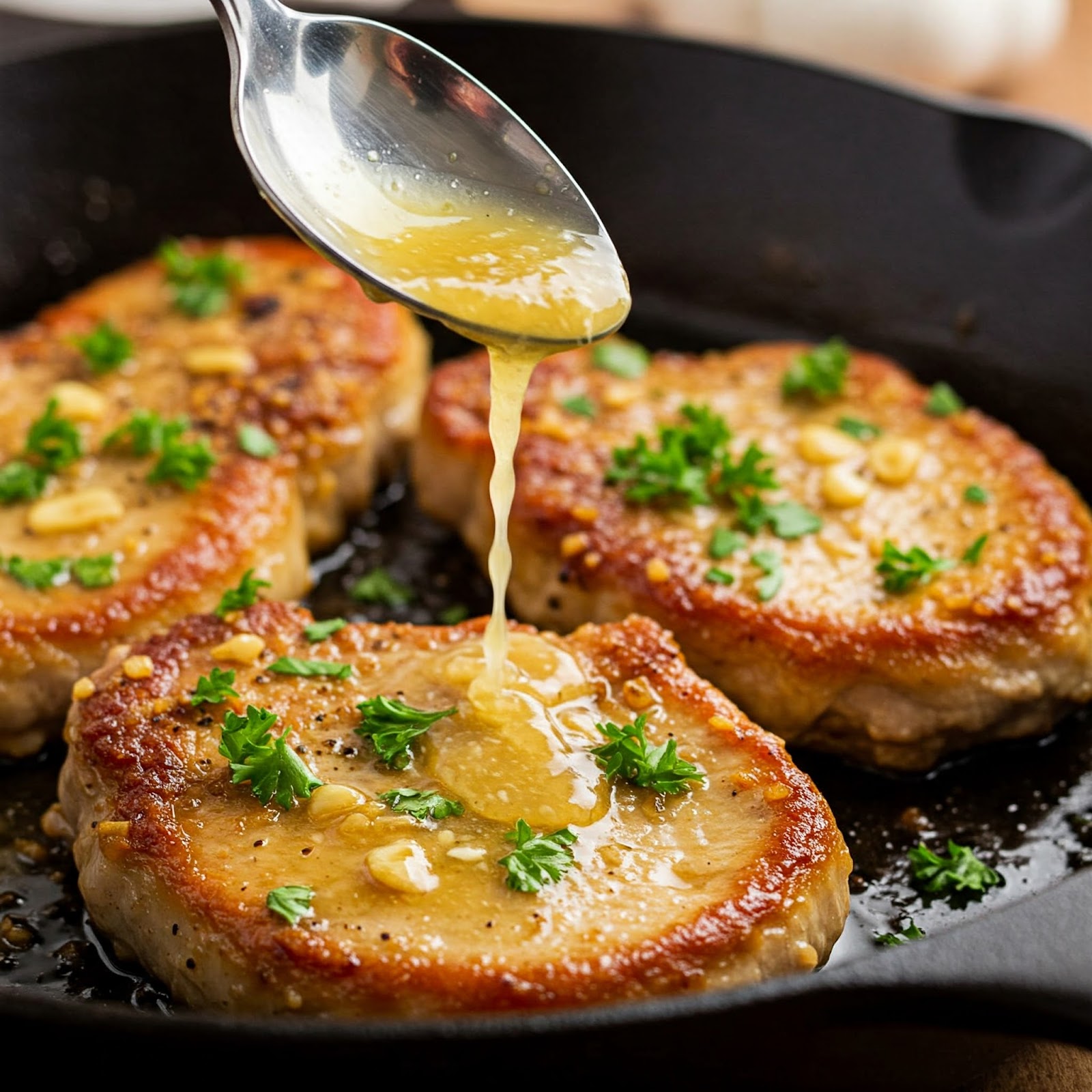spooning the garlic butter sauce over the top of the cutlets.
