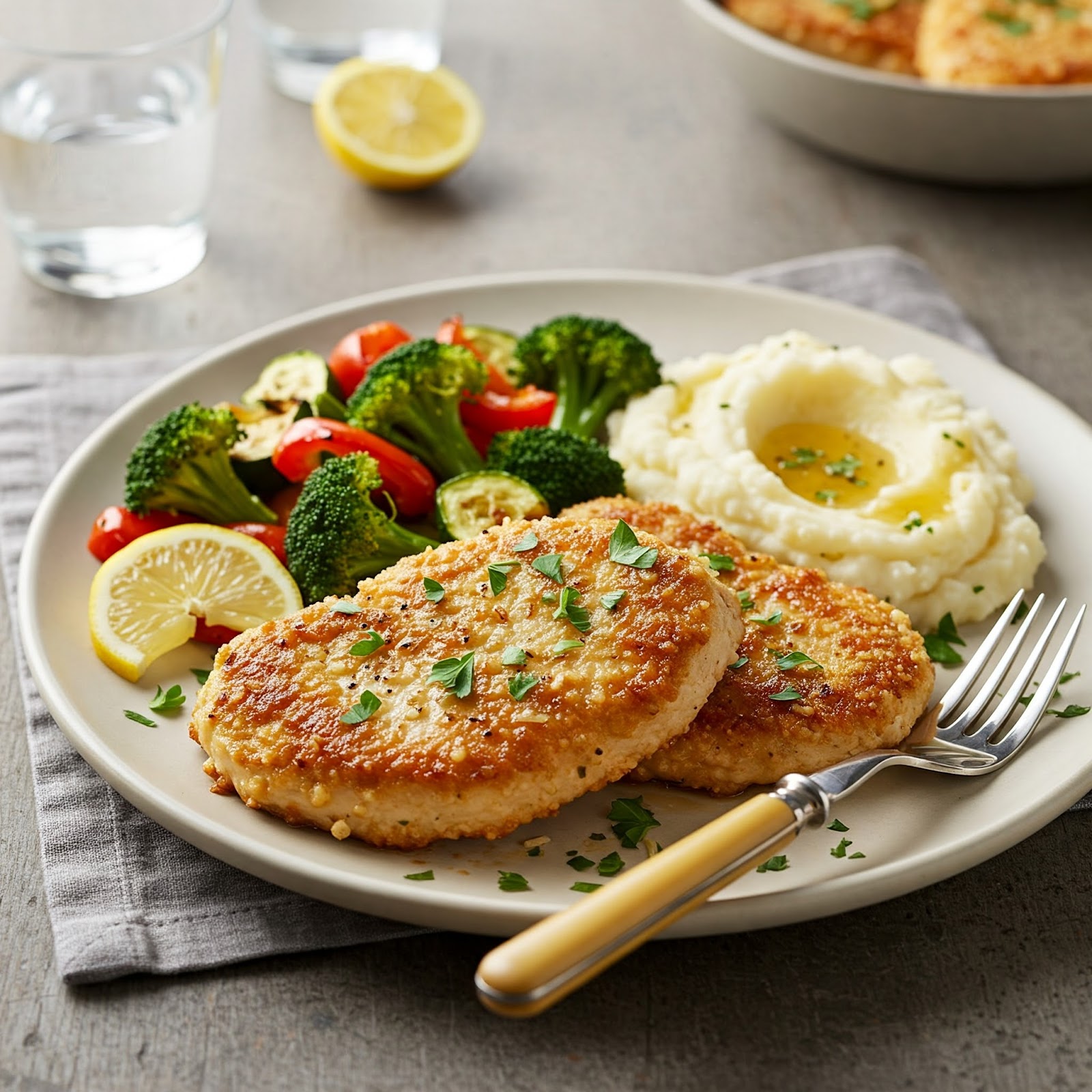 keto turkey cutlets served with salad and mashed potatoes