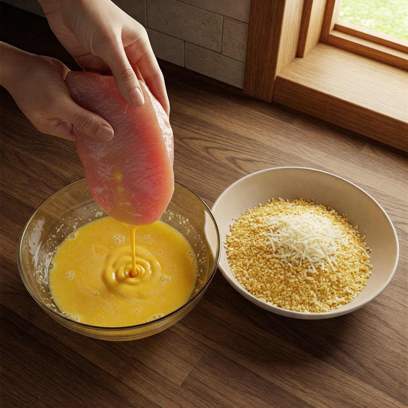 turkey cutlets being coated with egg, breadcrumbs and Parmesan