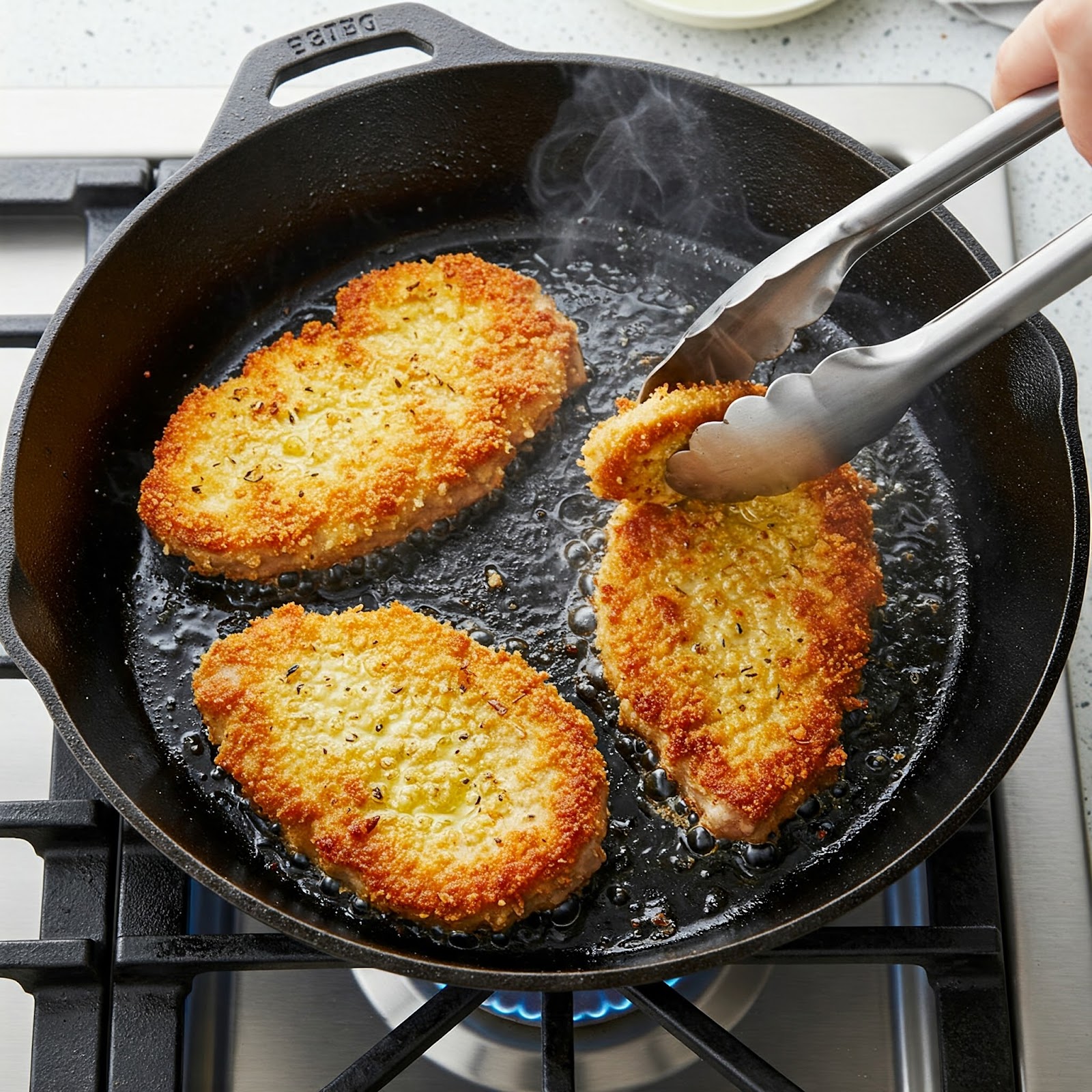pork cutlet being fried in a pan