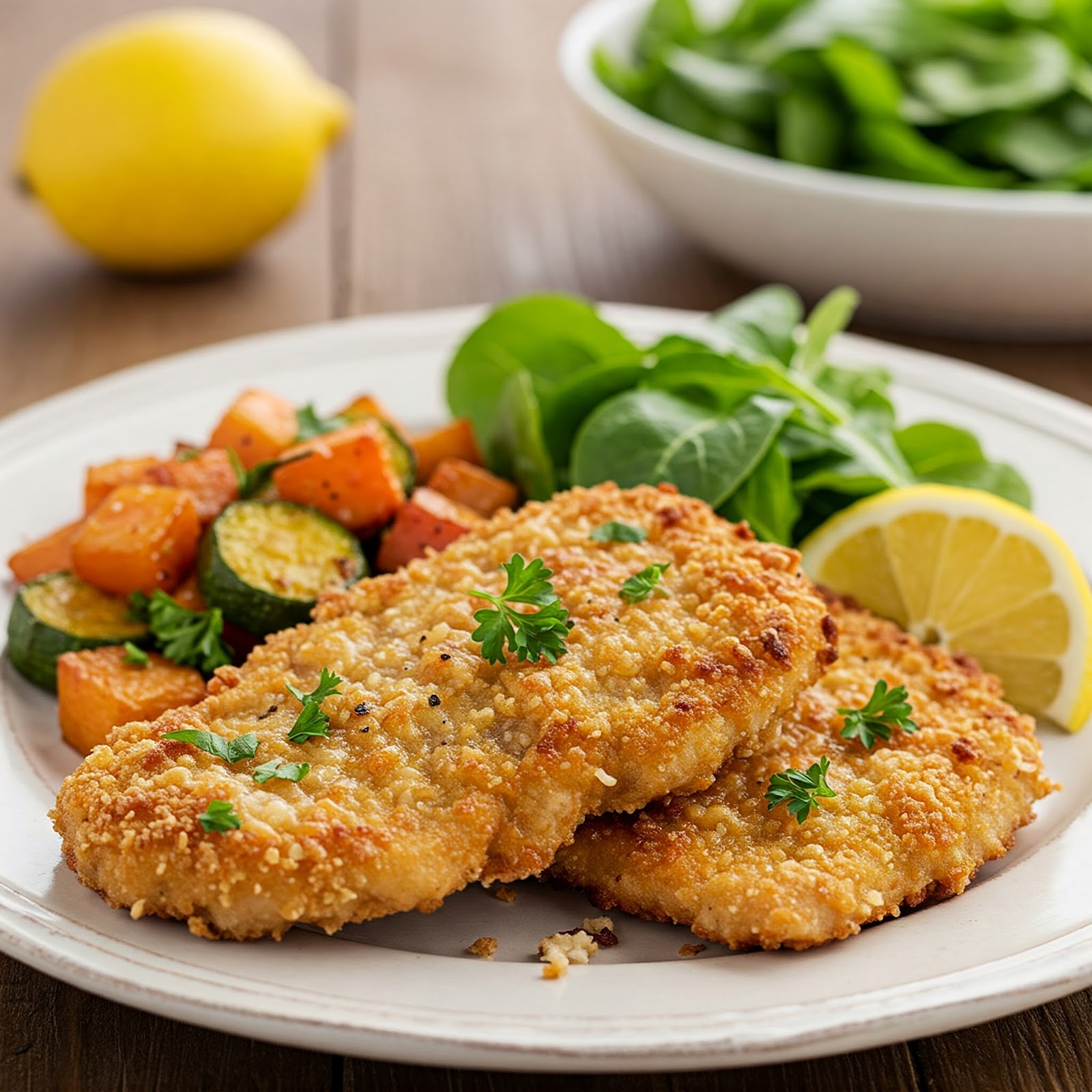 parmesan crusted pork cutlet being served in a plate with sautéed vegetables and lemon wedge