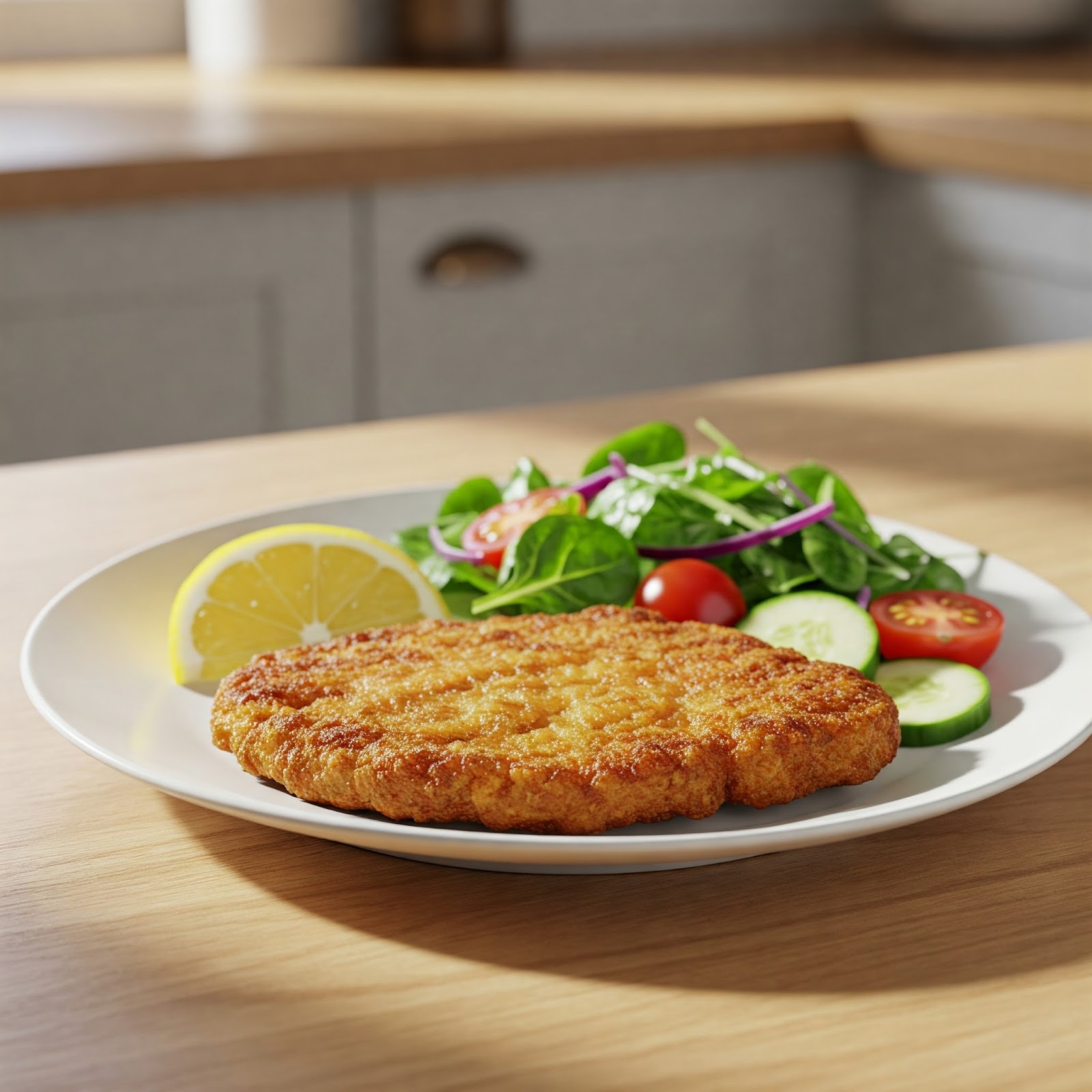 pan fried pork cutlet served in a plate with mix salad and lemon wedge
