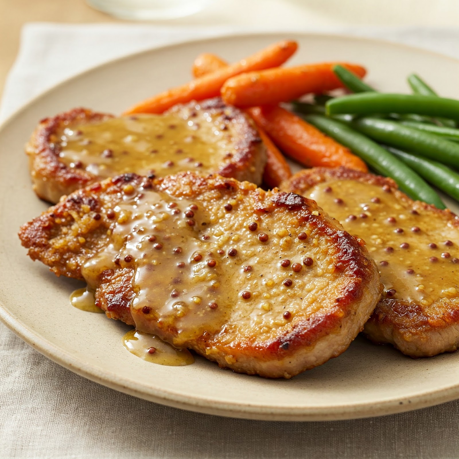 honey mustard glazed pork cutlets being served with roasted vegetables, mashed potatoes, and a simple green salad.