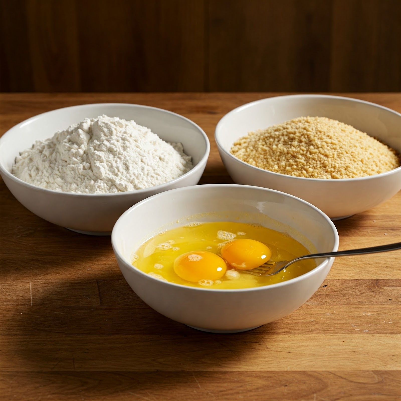 3 bowls on the table one filled with eggs, another with breadcrumbs and flour.