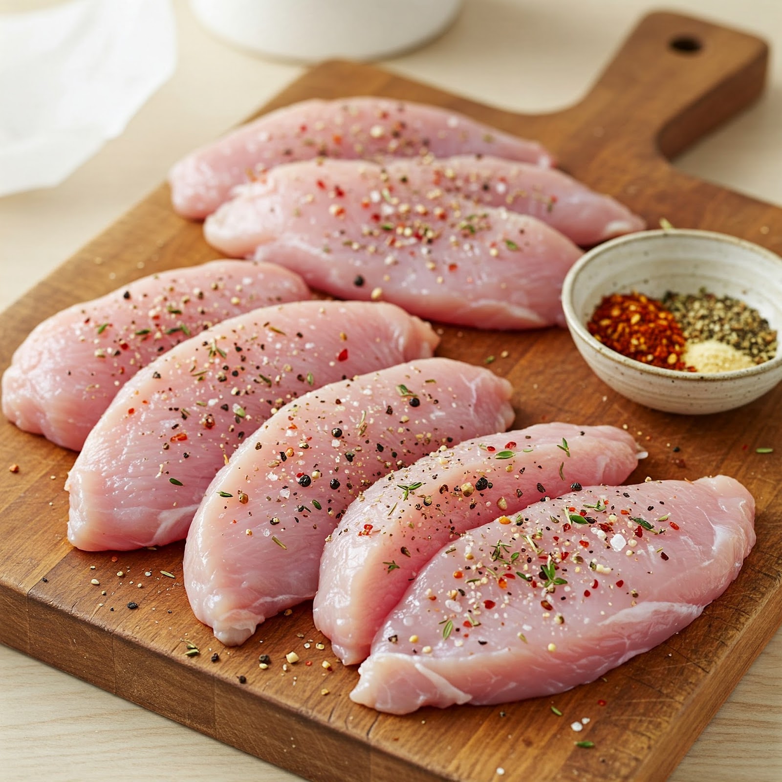 Turkey schnitzel being seasoned with salt, pepper, garlic powder, paprika, and thyme.